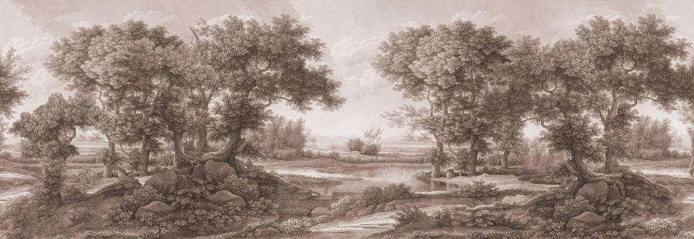 Riverbank Oak Landscape, Sepia