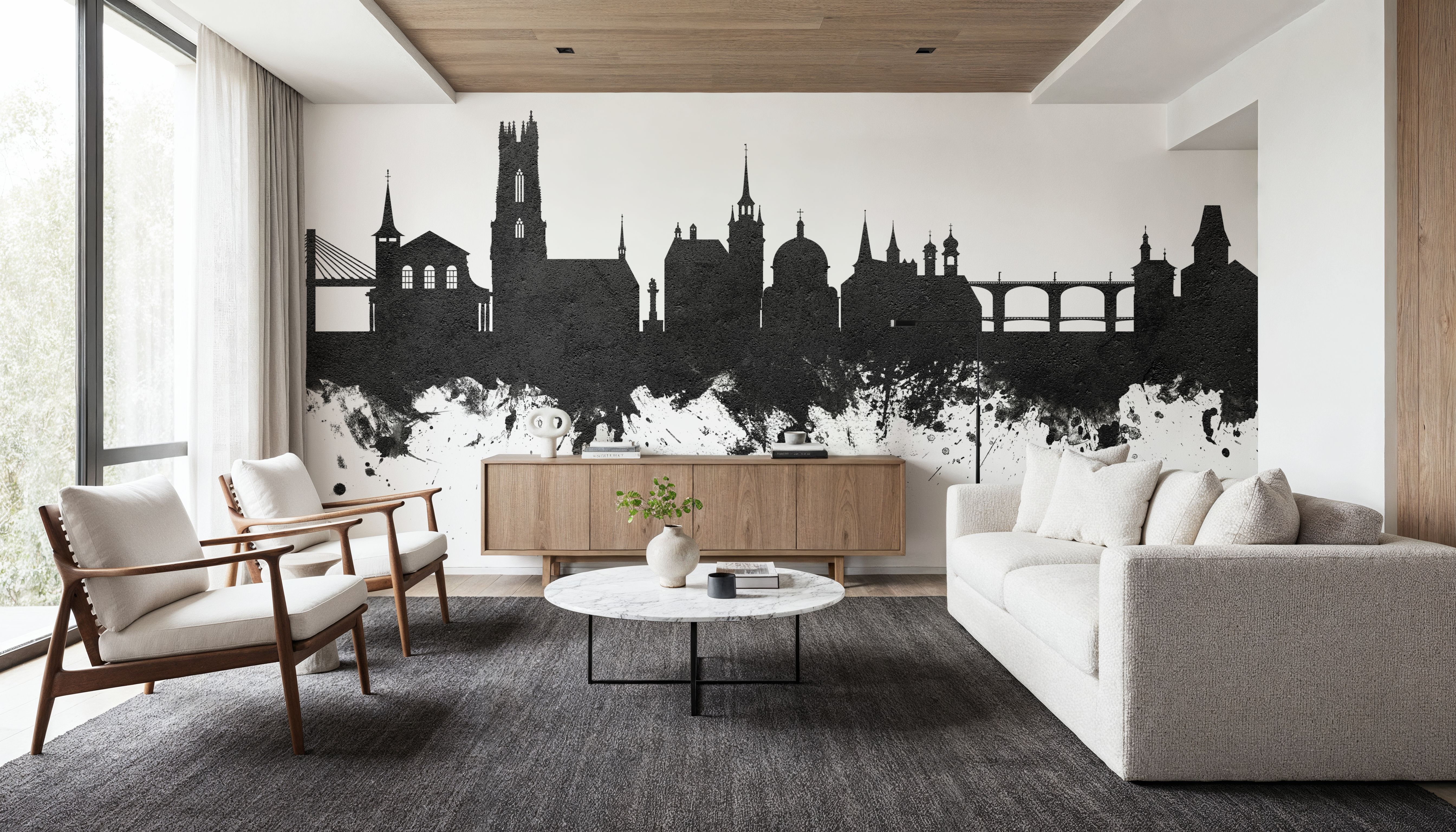 Fribourg Switzerland Skyline Black & White