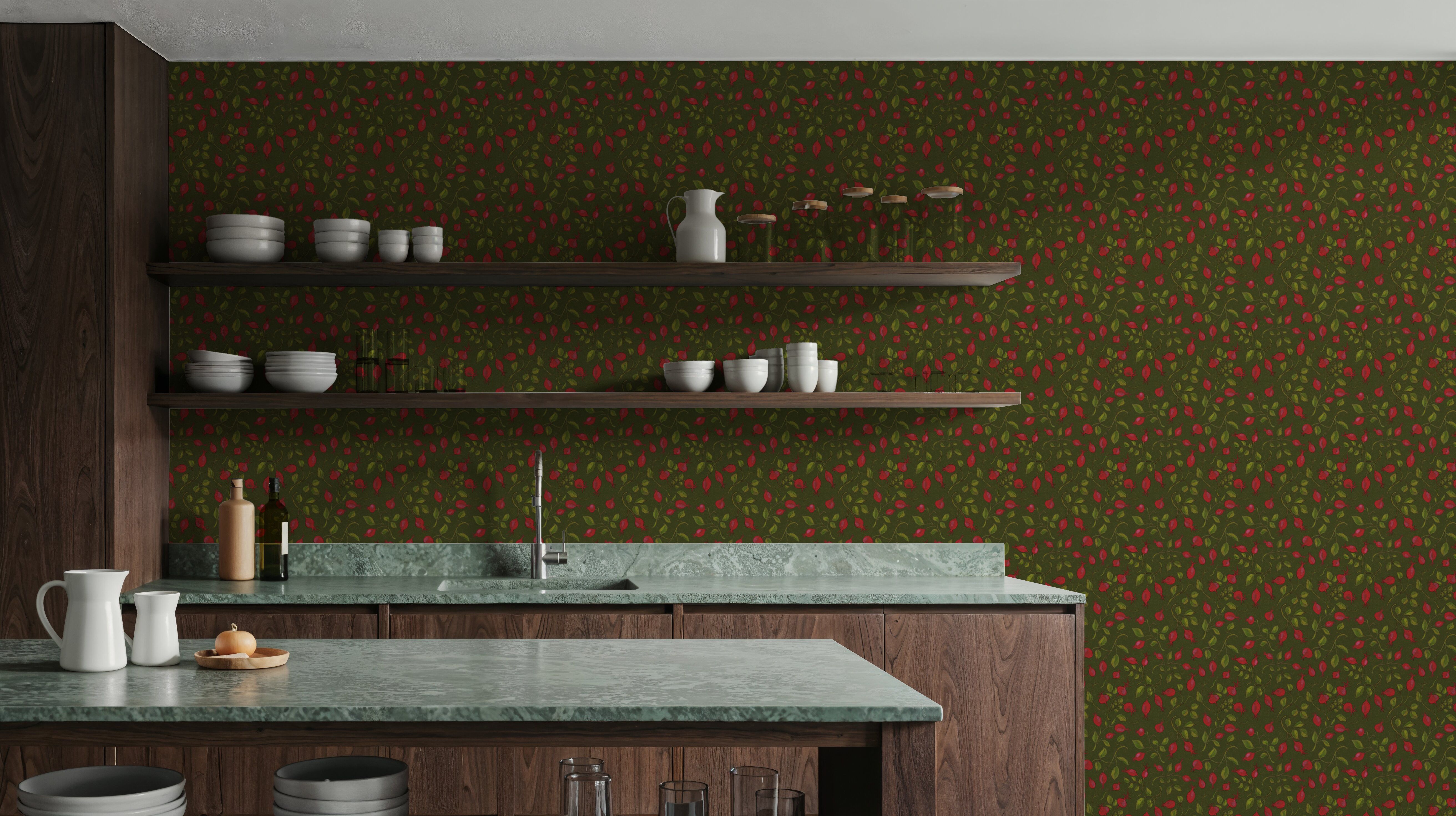 Rosehips, Coral on Olive