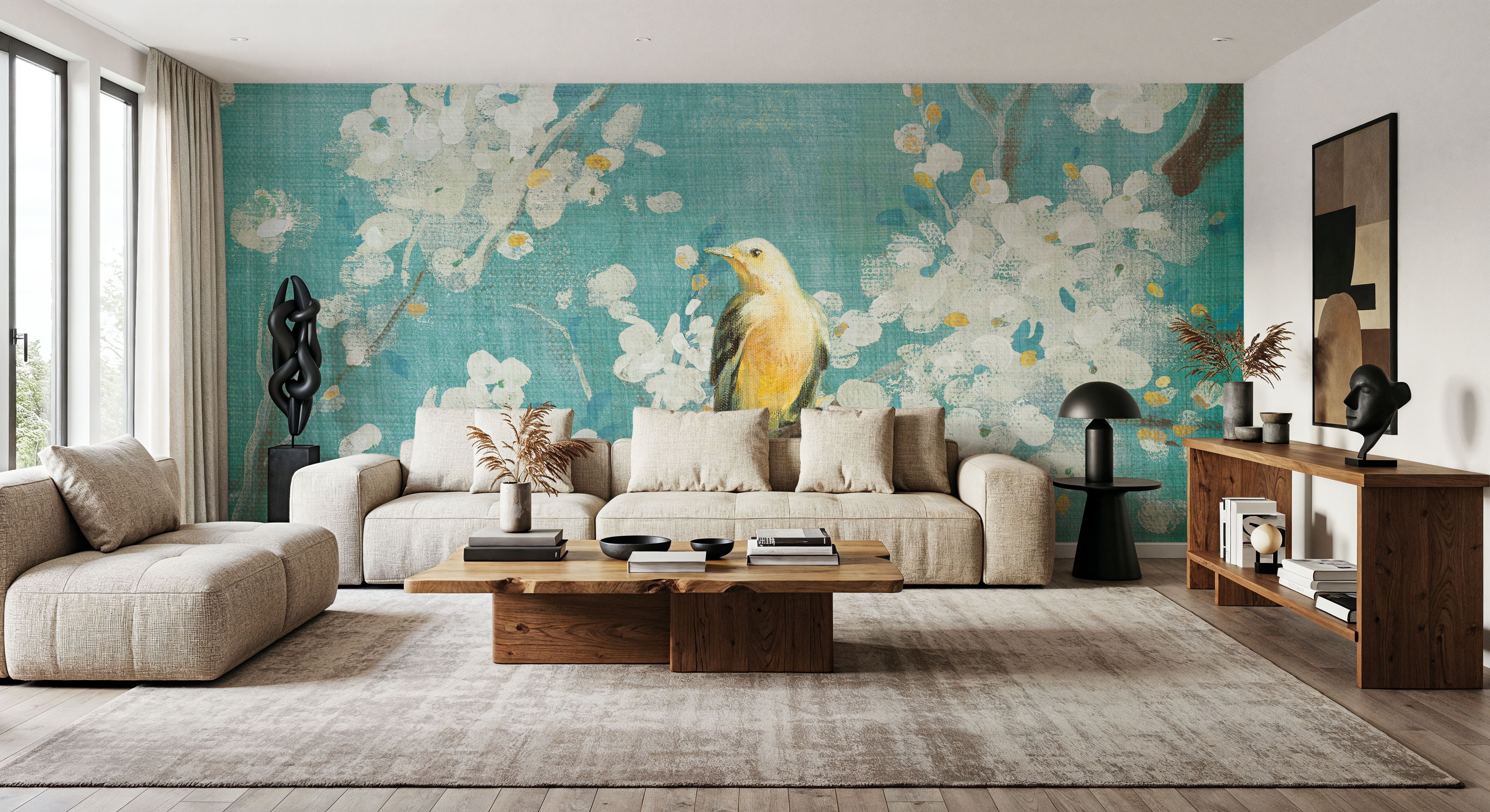 White Cherry Blossoms I on Blue Aged