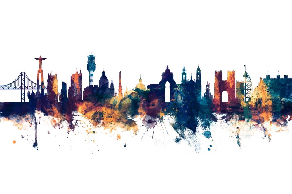 Lisbon Portugal Skyline Blue & Bronze