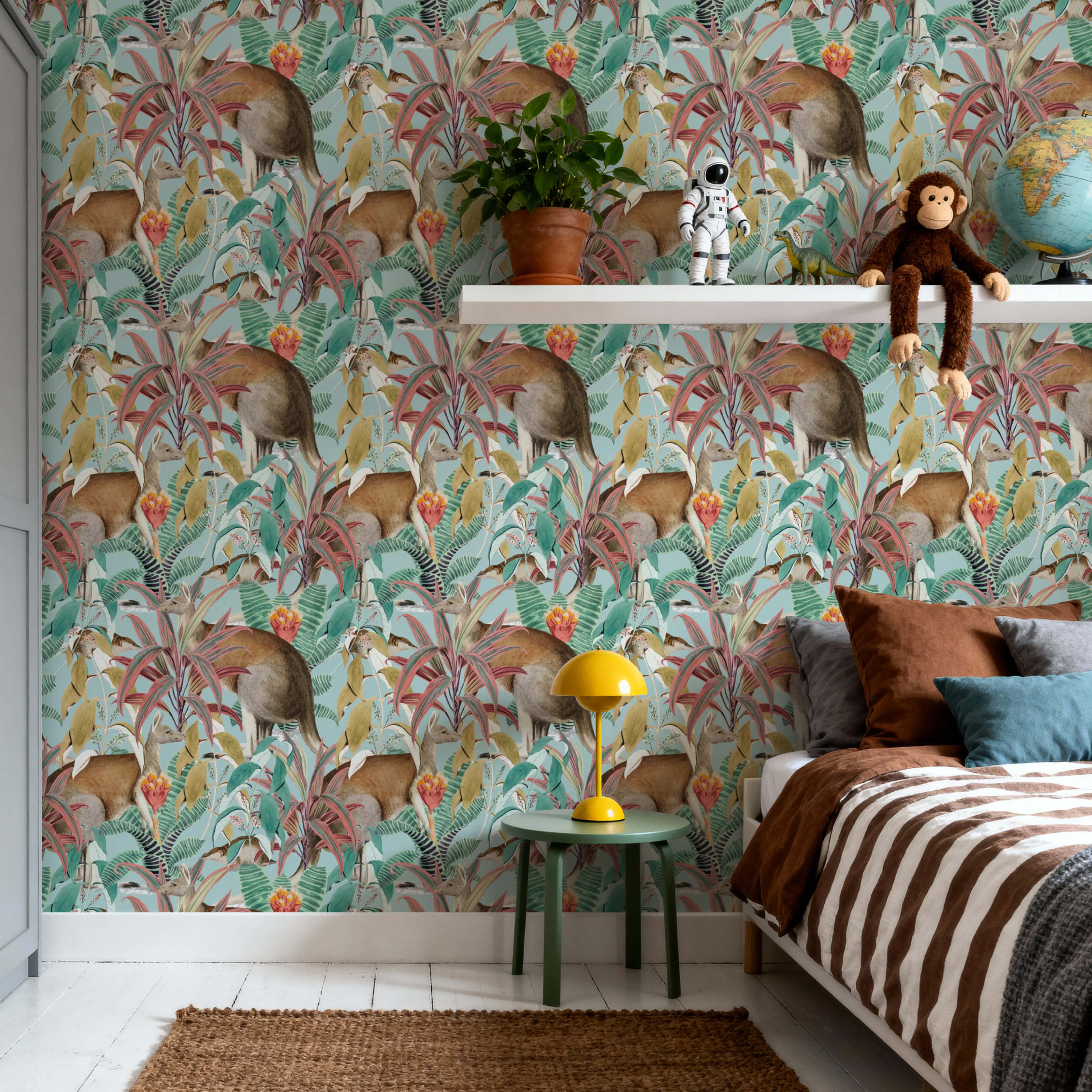 Papier Peint - Kangaroo Jump - Floral Sauvage - Bleu - chambre d'enfant - Wallism Belgique - Encollage au mur ou Autocollant