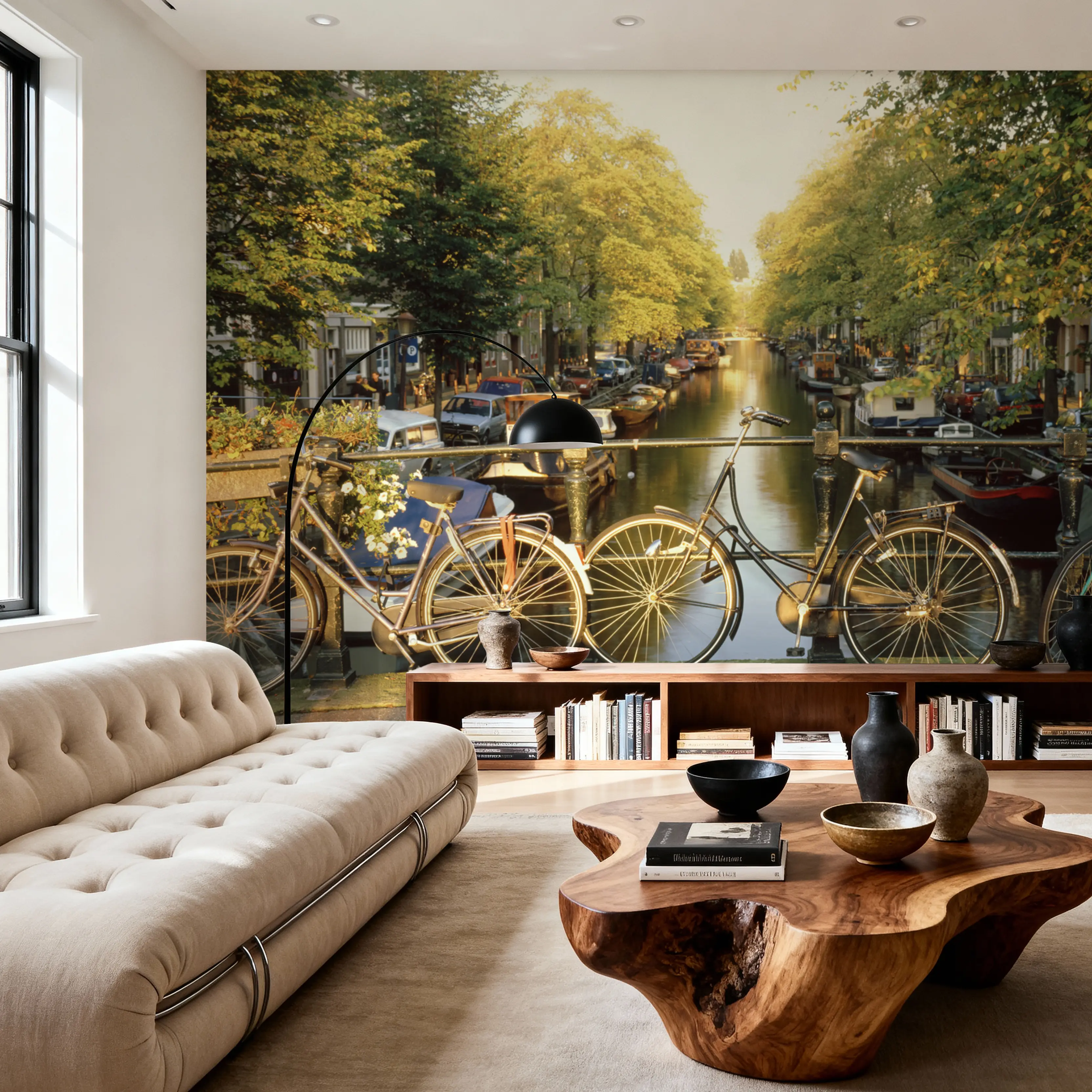 Papier Peint Panoramique - Canal Crossing Amsterdam - Grande ville Nature - Vert - Bureaux - Wallism Belgique - Encollage au mur ou Autocollant