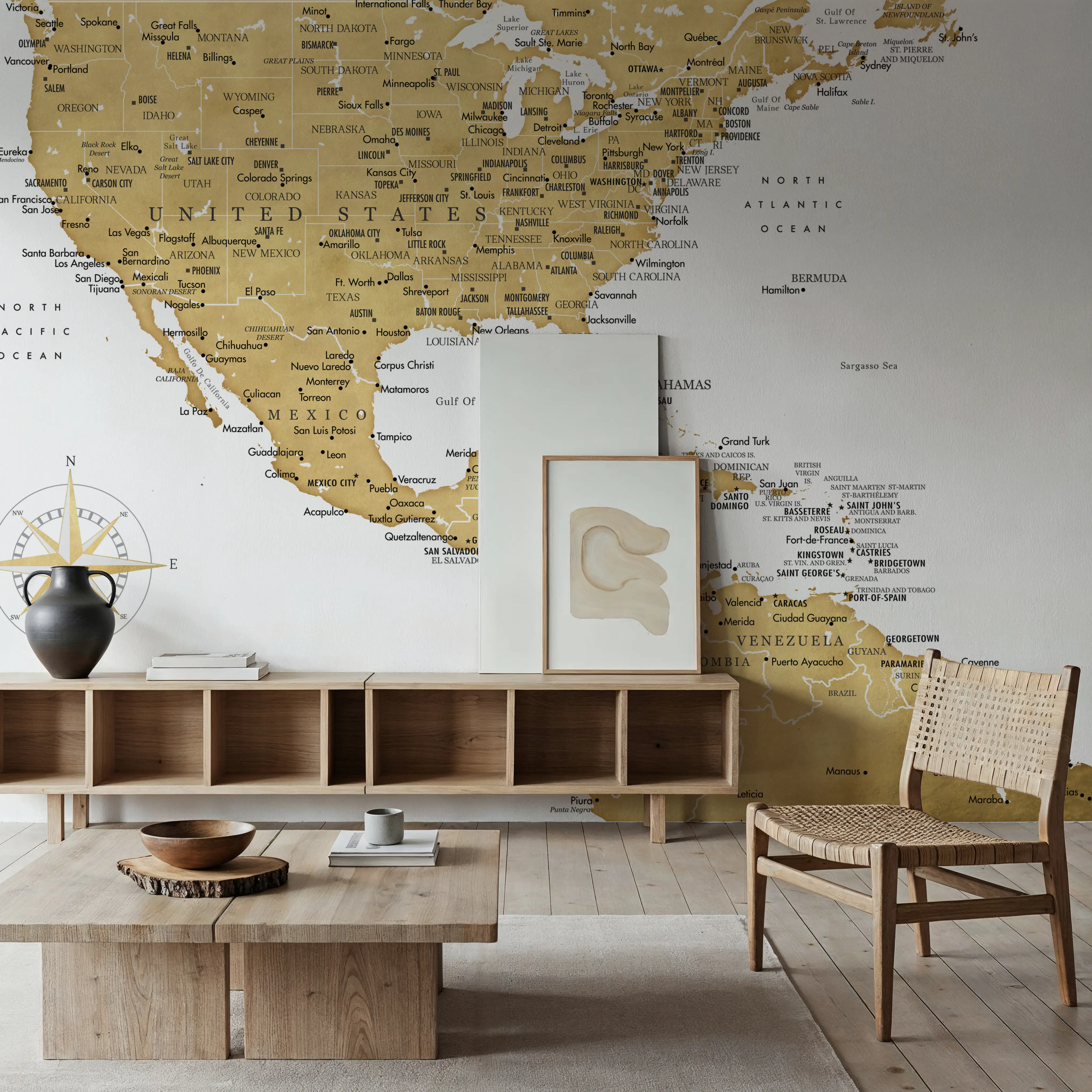 Papier Peint Panoramique - US Mexico Caribbean Map - Rosie - Ville Monde - Jaune - Bureaux - Wallism Belgique - Encollage au mur ou Autocollant