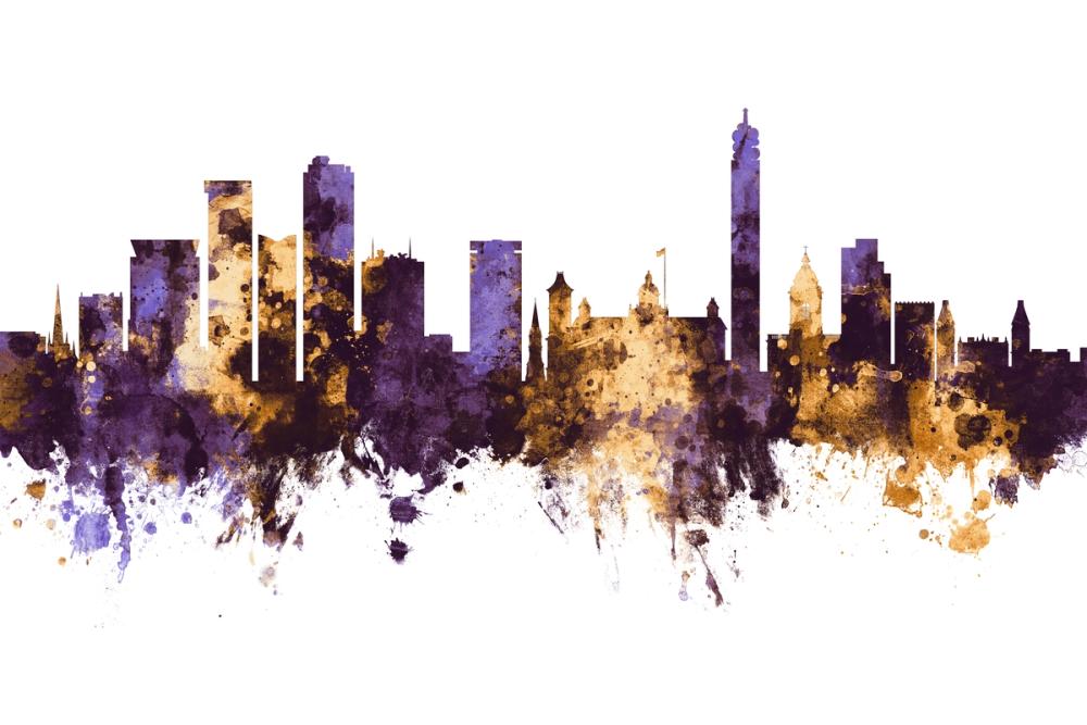 Birmingham England Skyline Purple & Gold