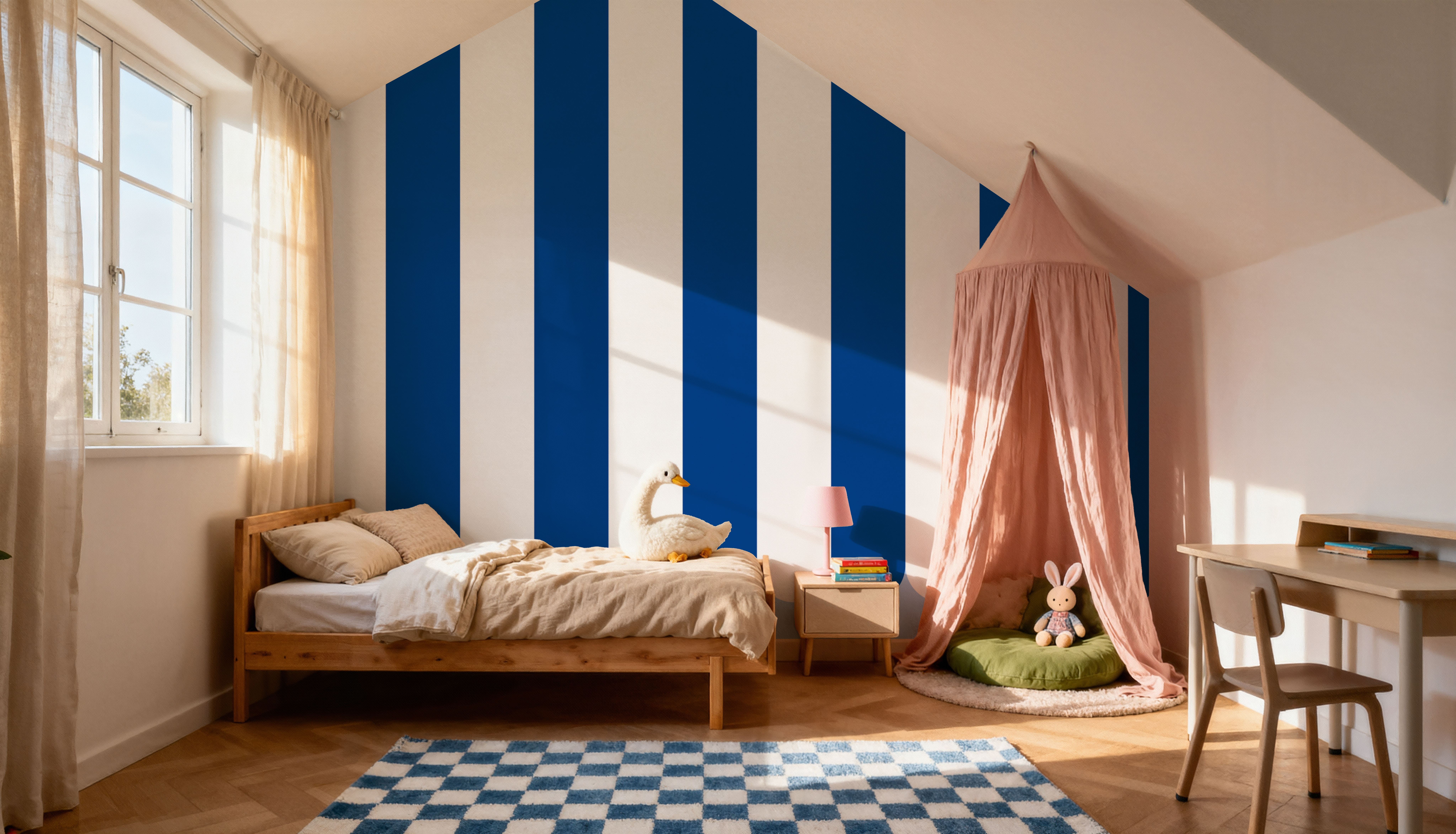 Scalloped Circus Stripes, Blueberry, Wallpaper