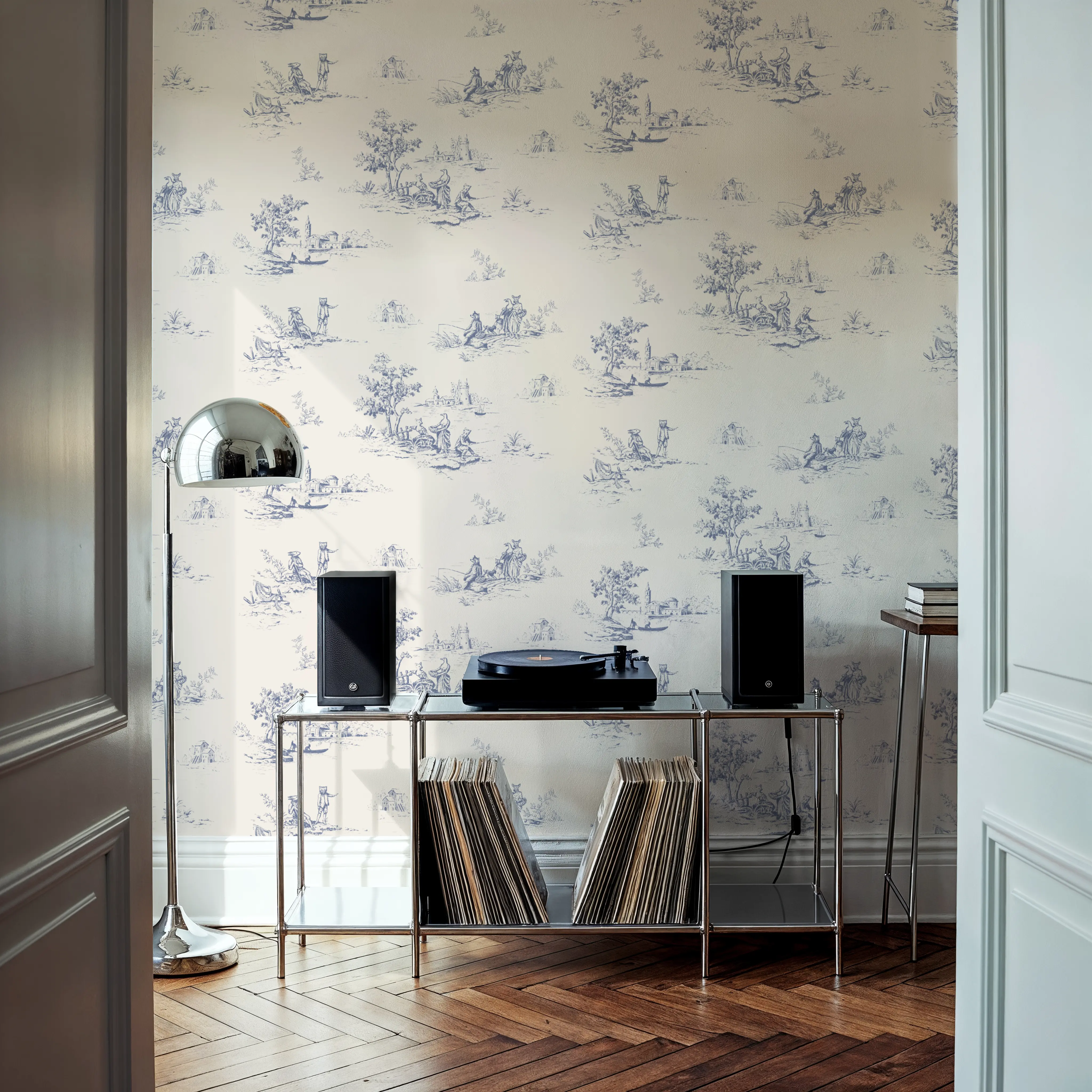 Wallpaper - Fairy Tale Toile de Jouy - Toile de Jouy - Blue - Hallway staircases - Wallism UK - Peel & Stick or Paste-the-Wall
