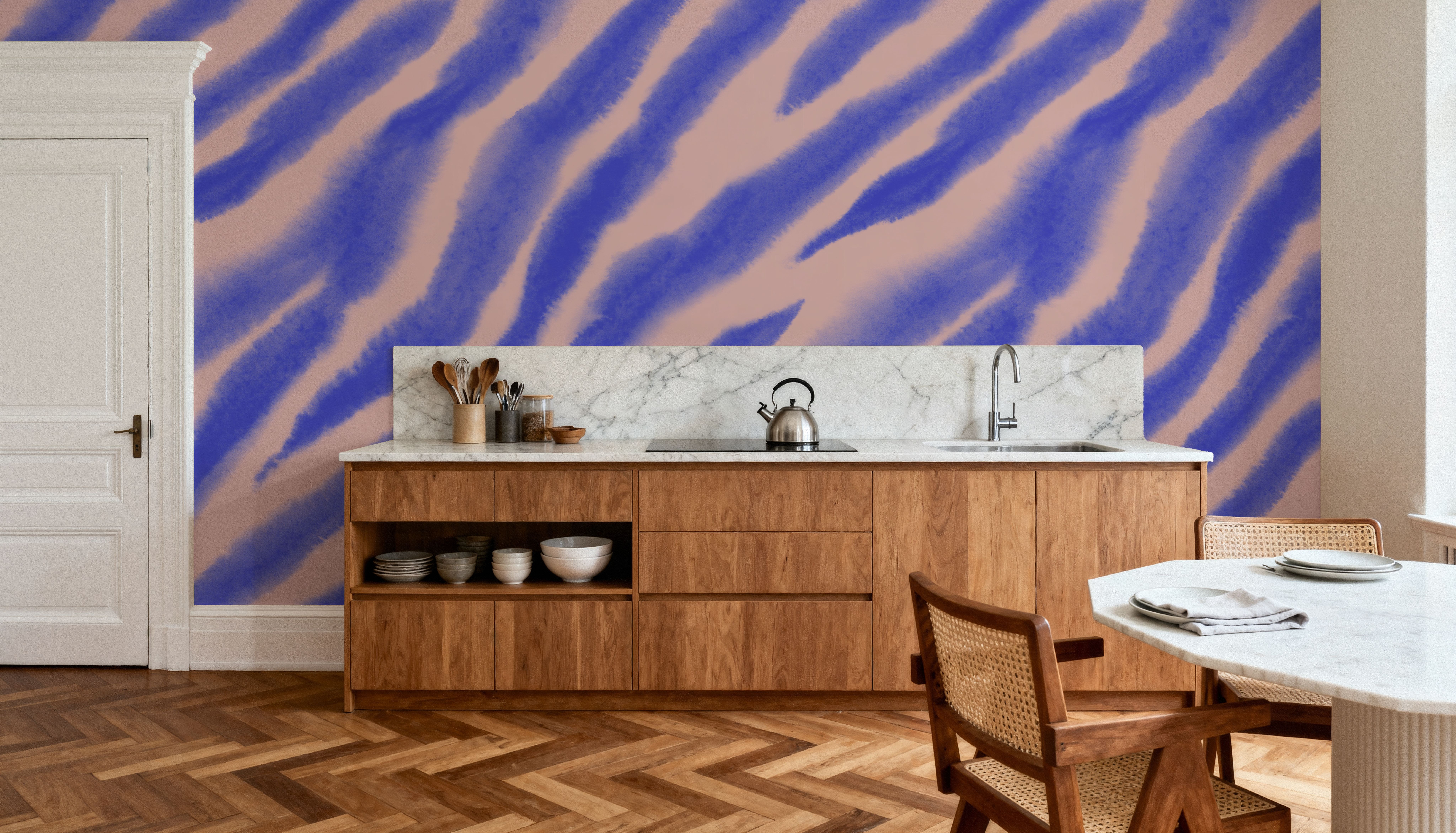 Watercolor Tiger Stripes, Periwinkle on Pink