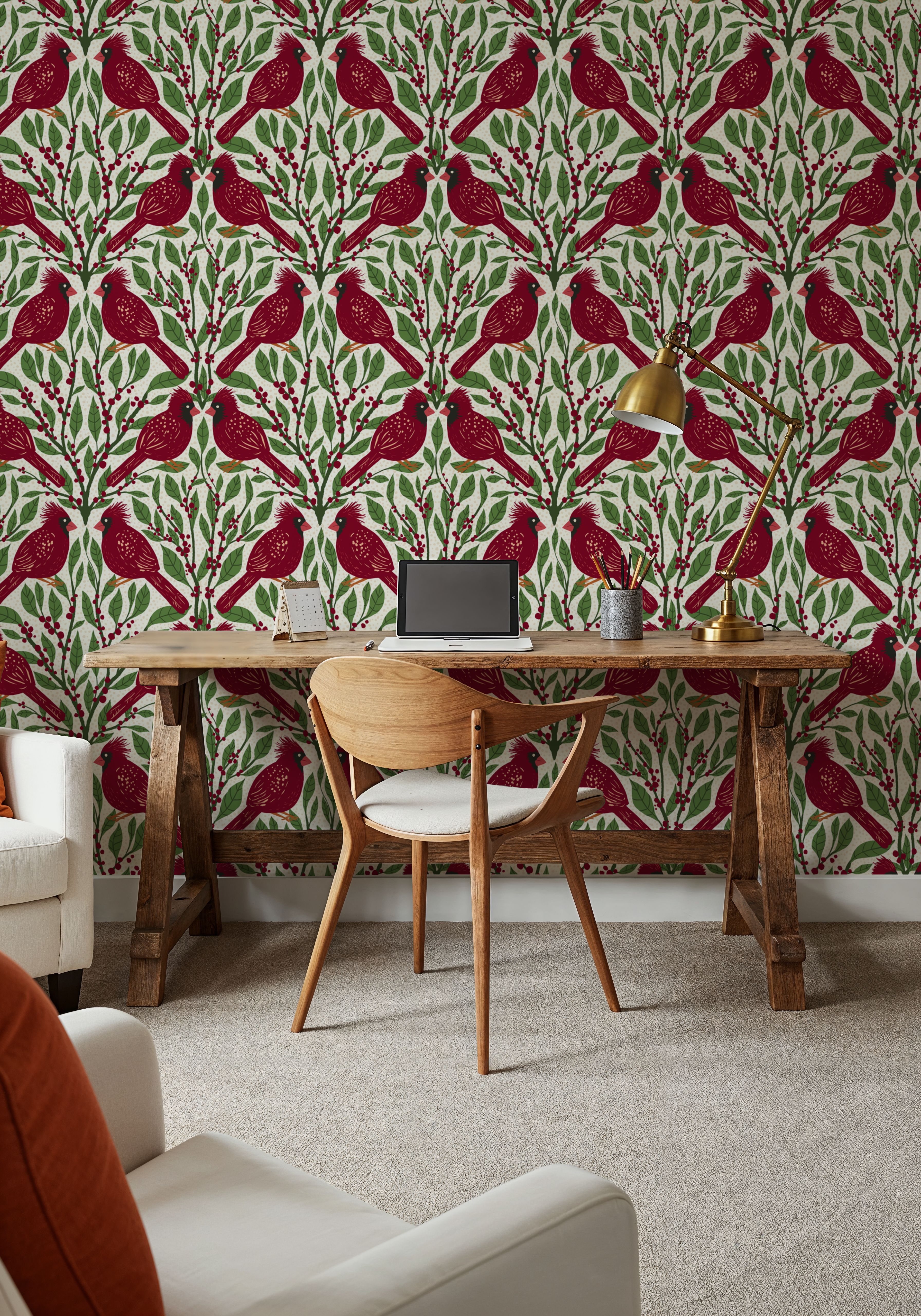 Cardinals & Winterberries, Green