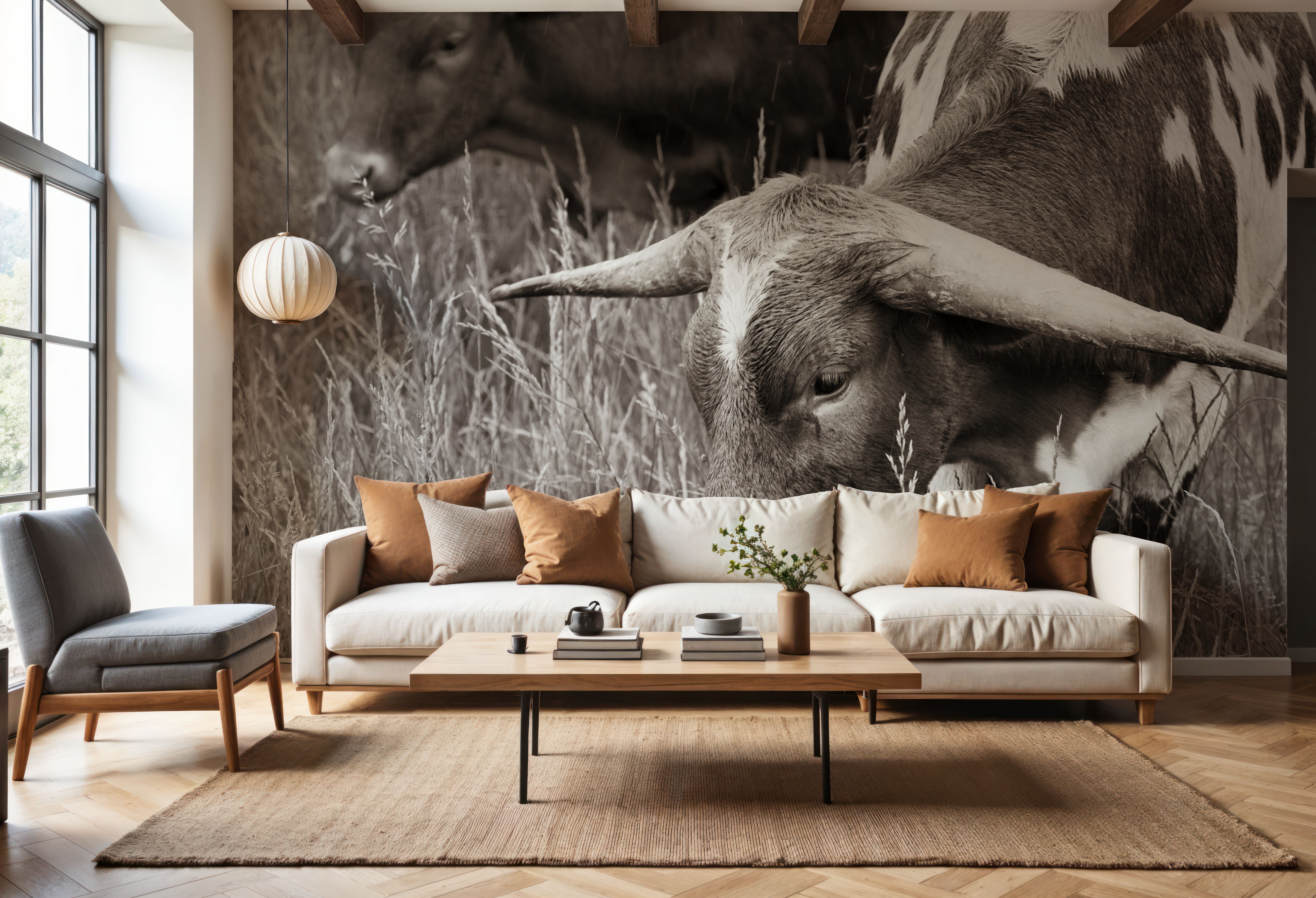 Wall Mural - Rainy Pasture III BW - Farm Landscapes mural wallpaper - Brown - Living room - Wallism US - Premium, Textured or Peel & Stick