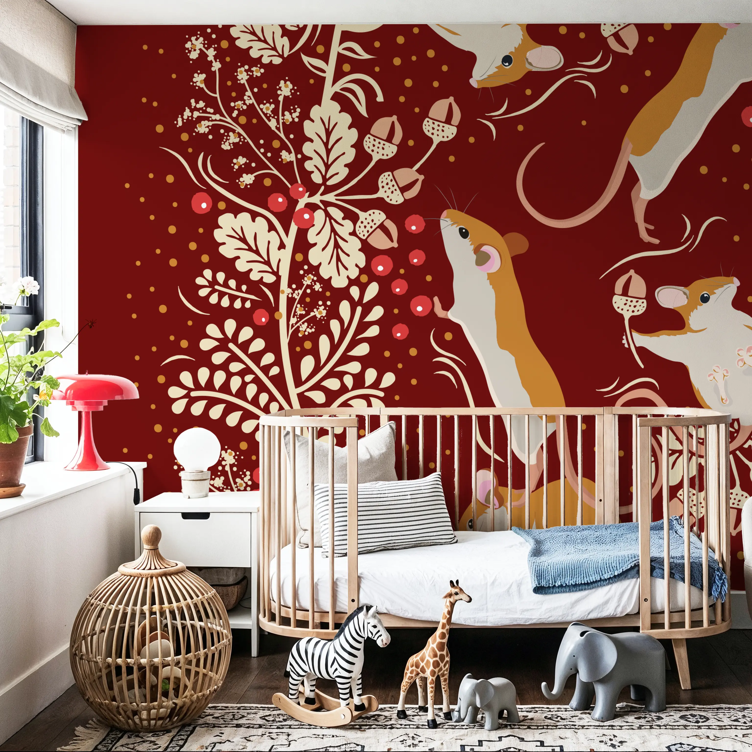 Fotobehang - Holiday Mice, Red - Folk Dieren Mural - Rood - Kinderkamer - Wallism België - Zelfklevend of Vliesbehang
