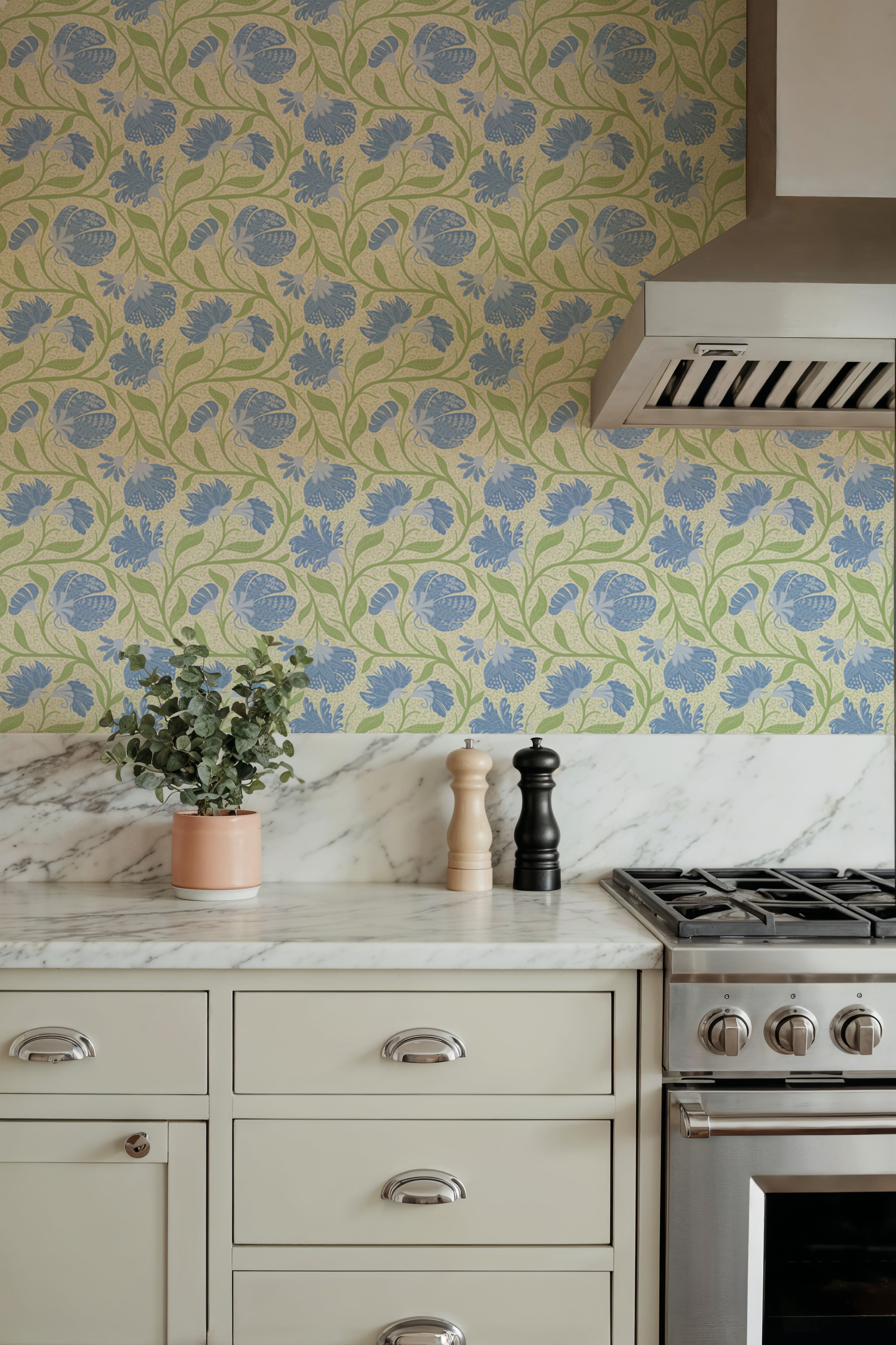 Indial Floral, Baby Blue on Light Green