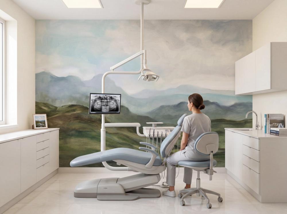 an interior photo of a dentist treatment room with an open landscape wallpaper mural