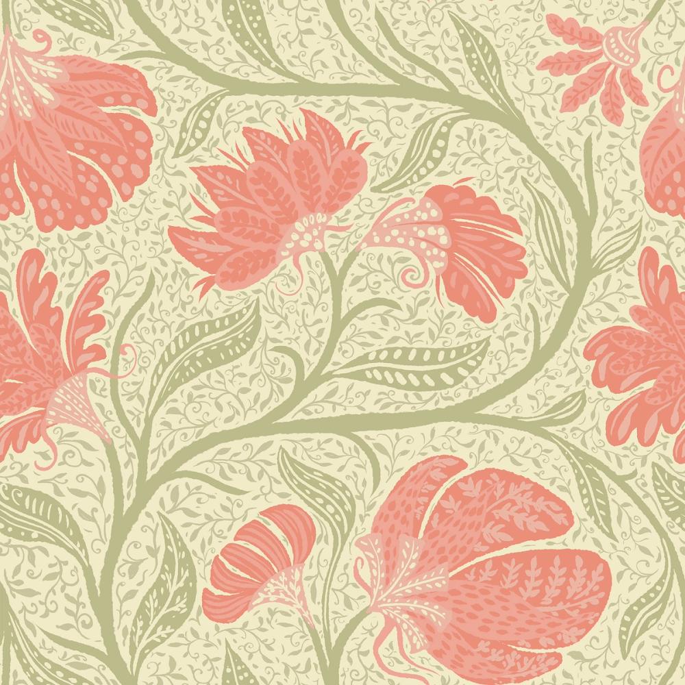 Indial Floral, Peach on Light Green