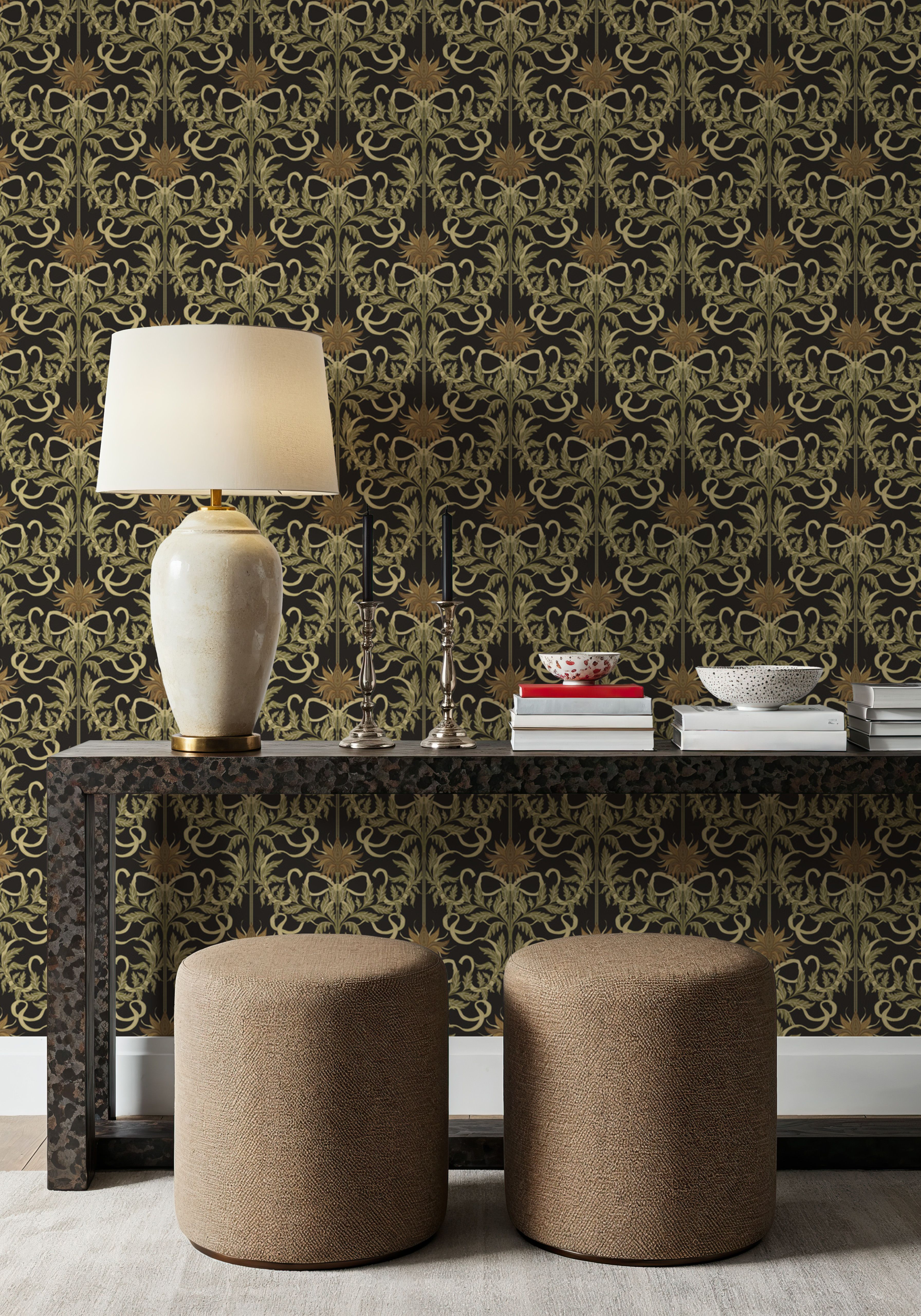 Floral Damask & Bows, Beige