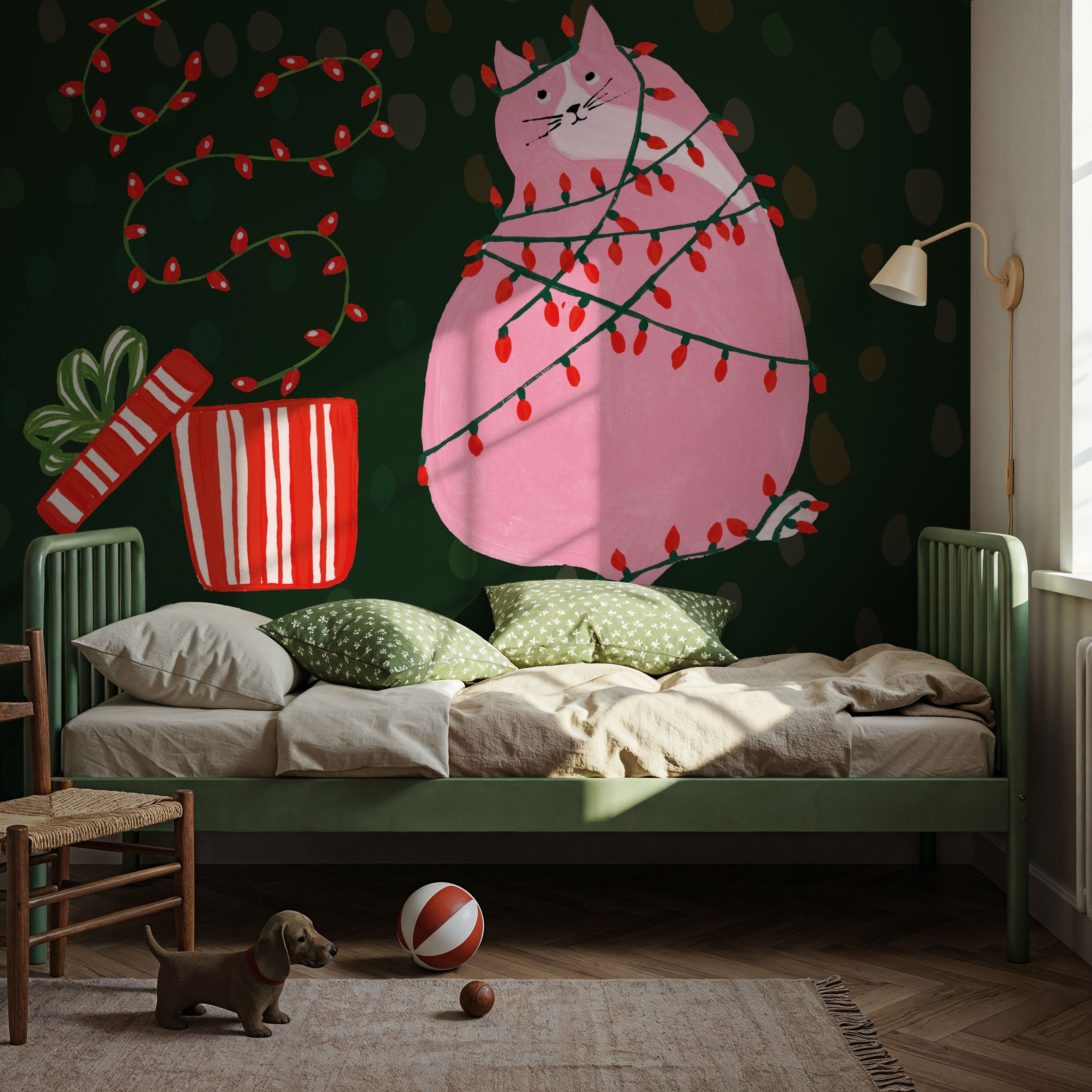 Wall Mural - Mischief Kitty Christmas III - Pets Animals mural wallpaper - Kids' Room - Wallism US - Premium, Textured or Peel & Stick