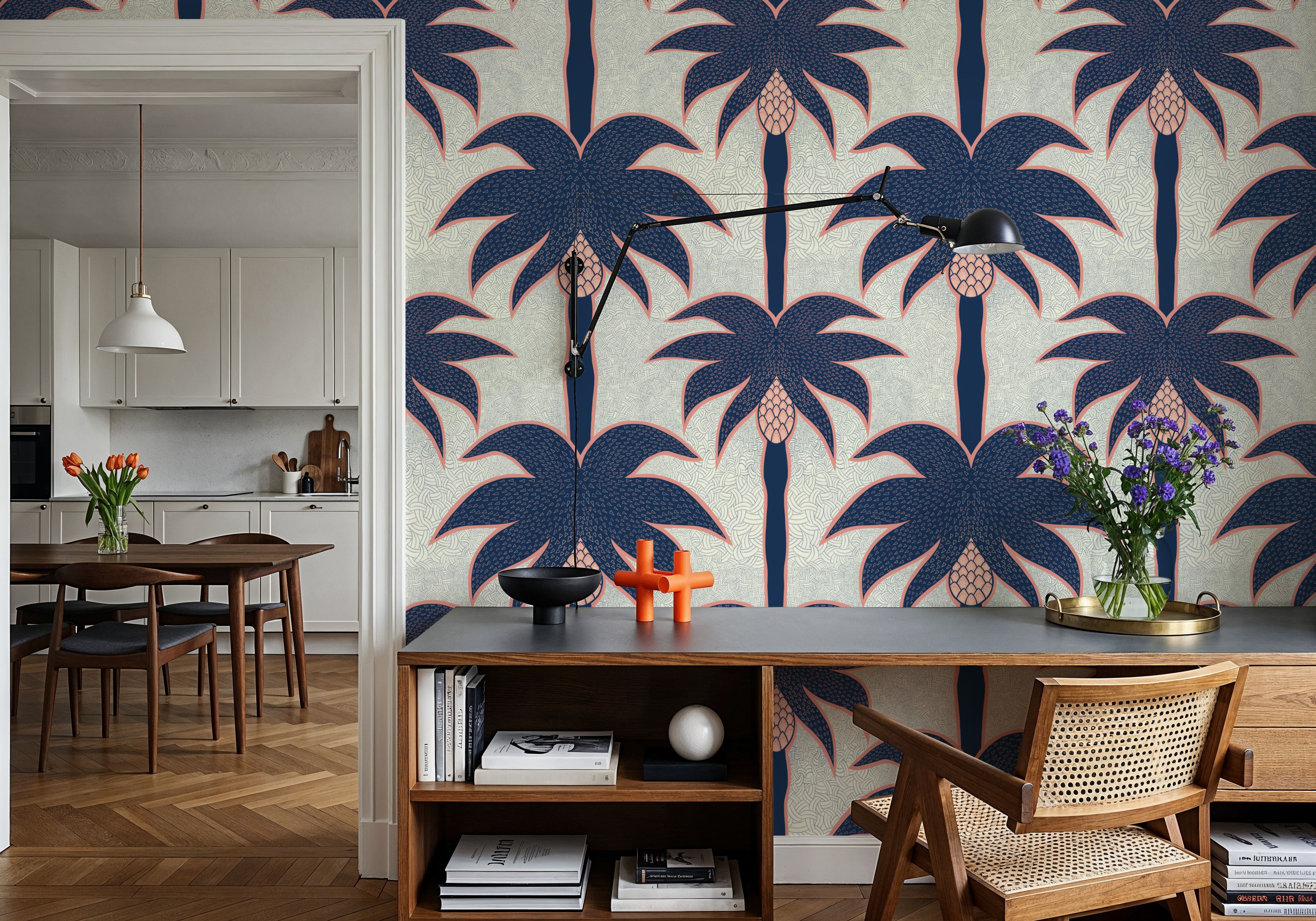Graphic Palms, Navy, Wallpaper