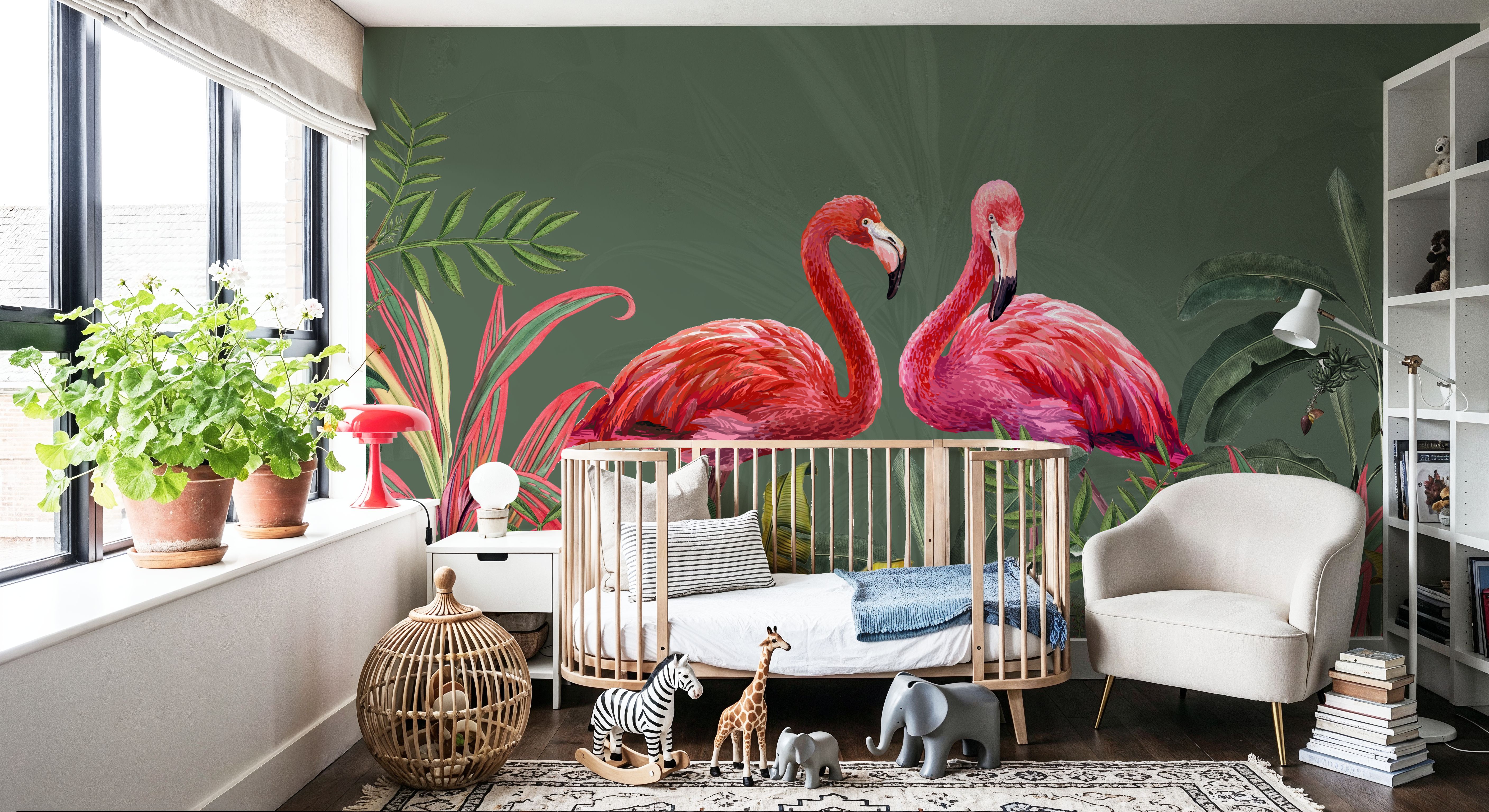 Shy Flamingos Green, Wallpaper