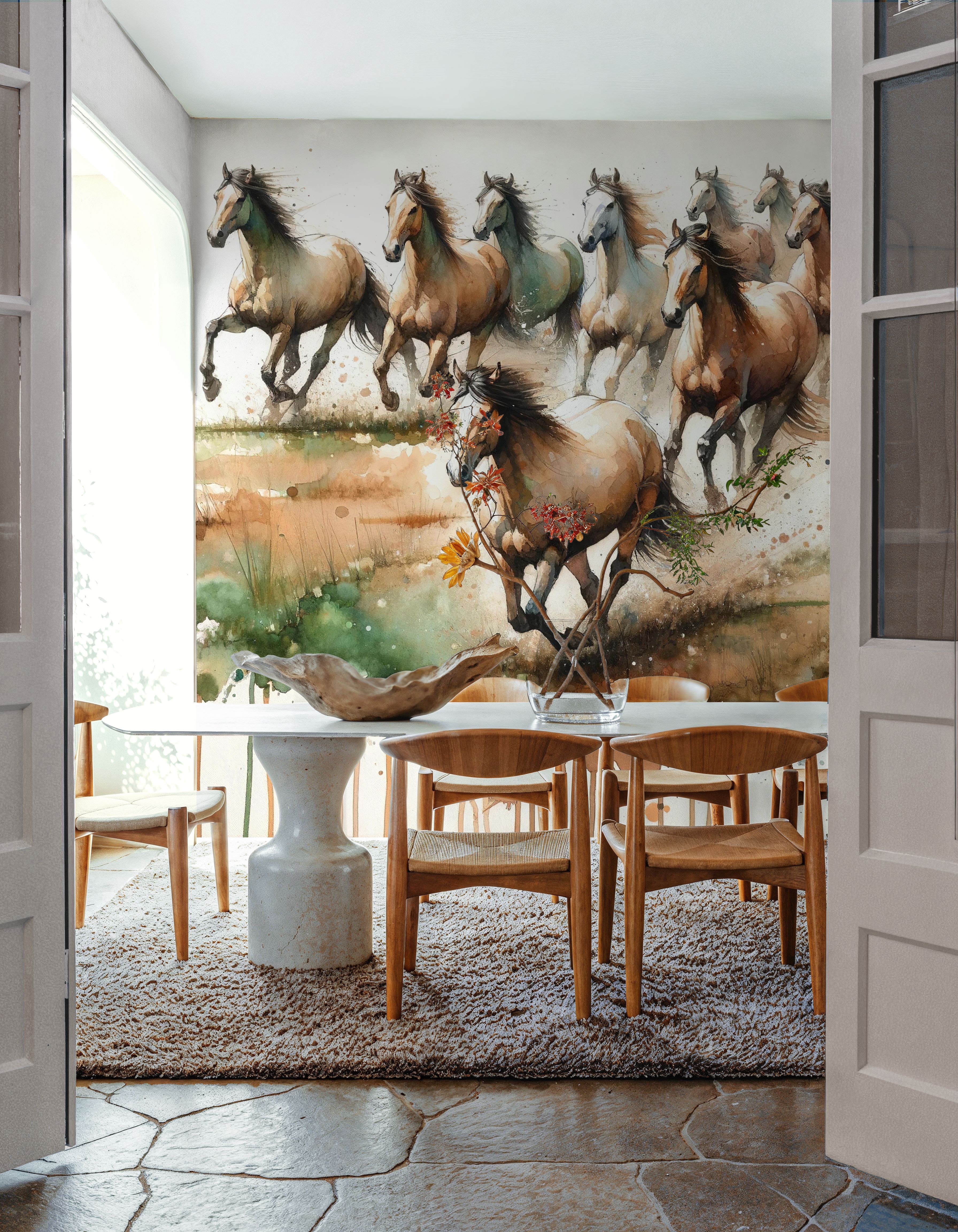 Horses Galloping Field Watercolor