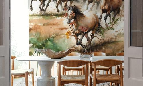 Horses Galloping Field Watercolor