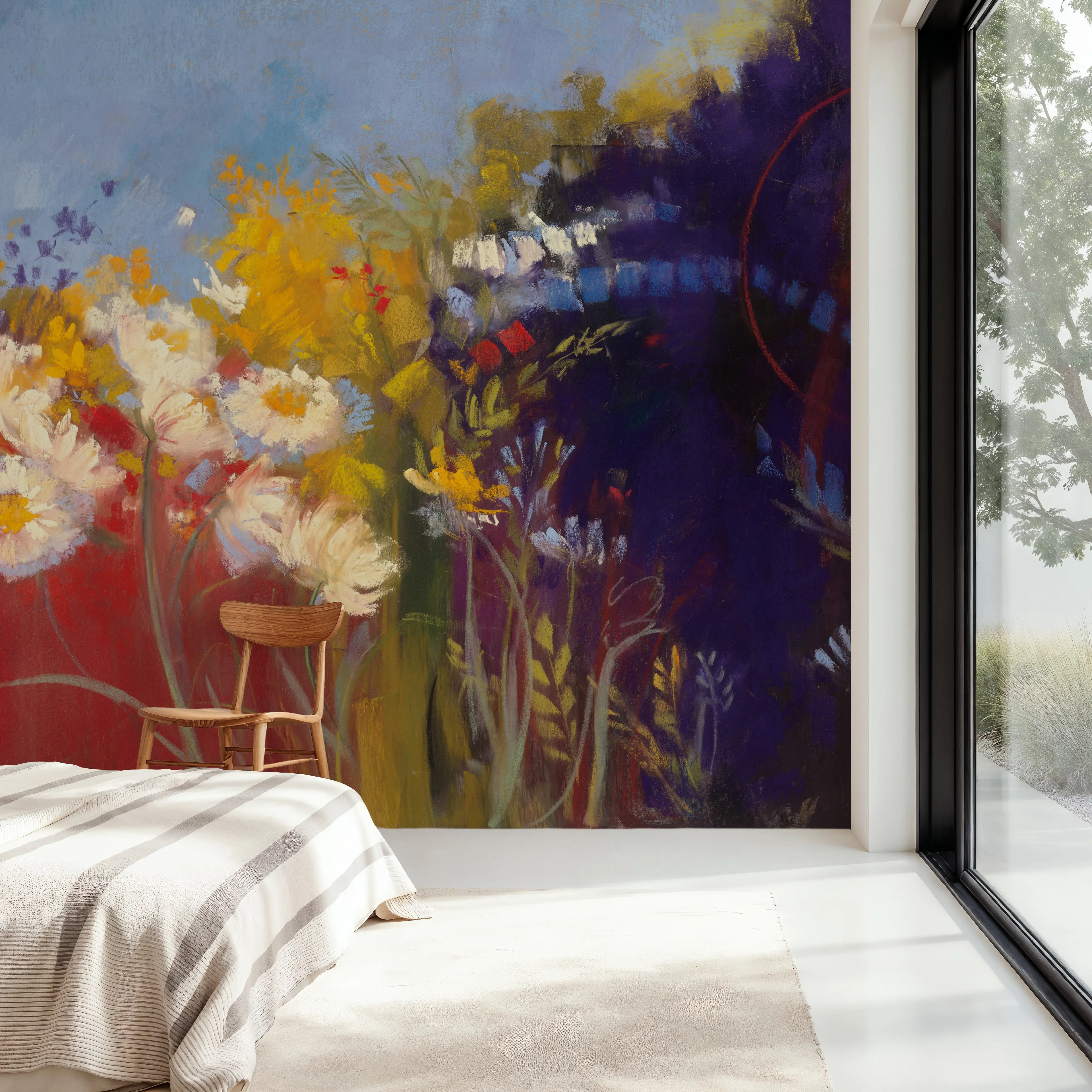 Fotobehang - Contemporary Meadow Red - Abstract Kunst Natuur Mural - Rood - Gangtrappen - Wallism Nederland - Zelfklevend of Vliesbehang