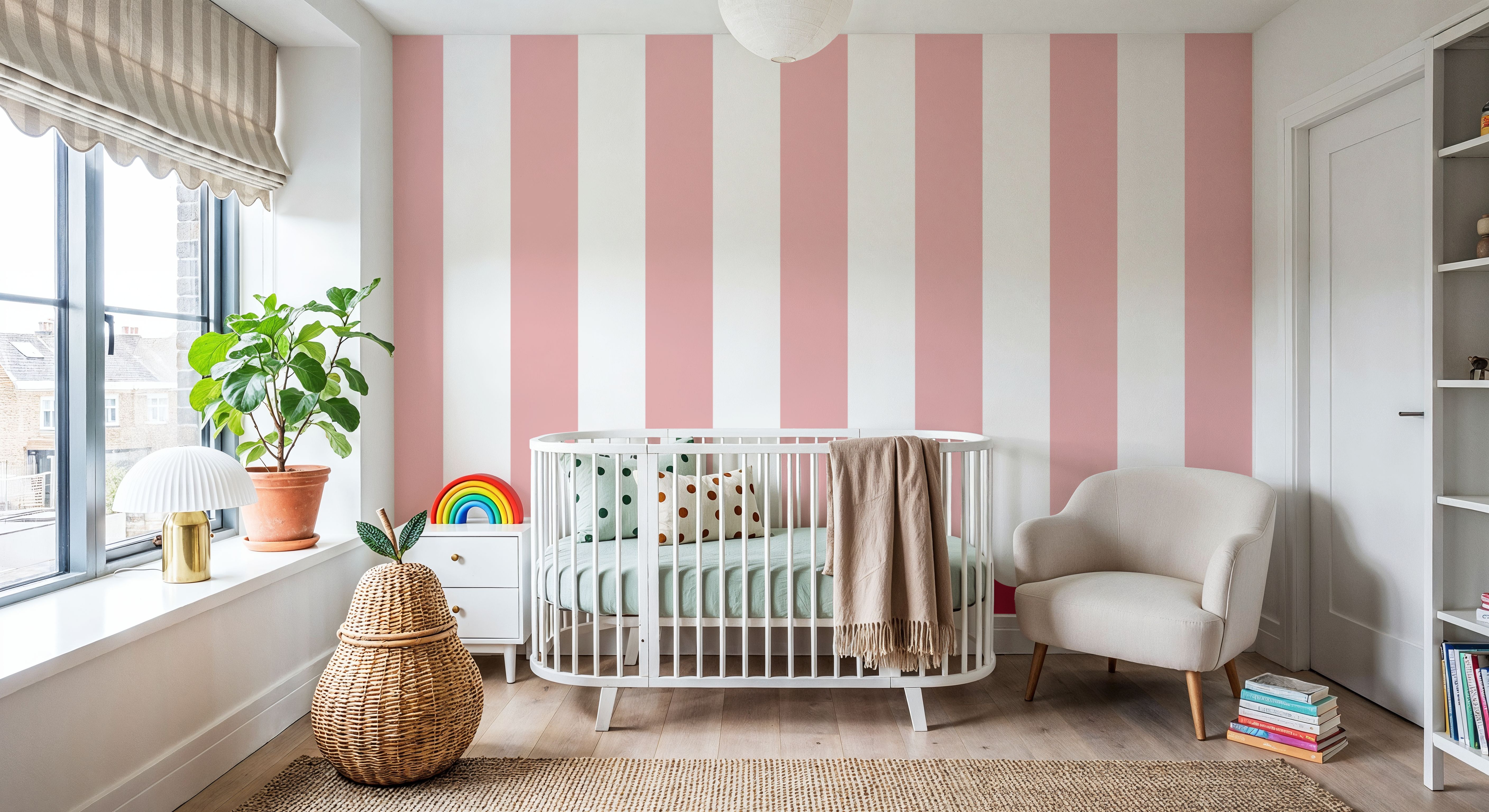 Scalloped Circus Stripes, Pink, Wallpaper
