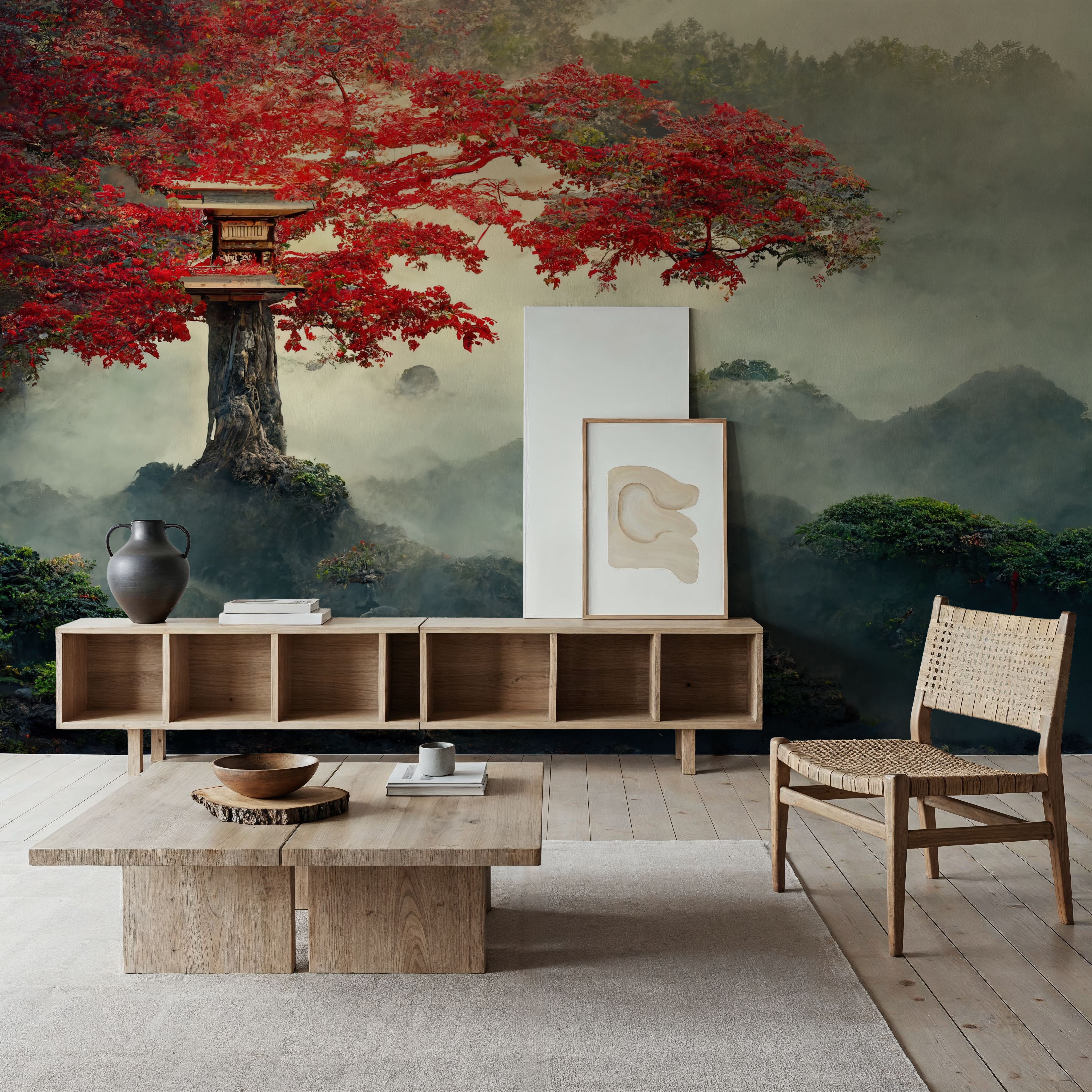 Wall Mural - Tree of Life - Chinoiserie Graphics mural wallpaper - Red - Living room - Wallism US - Premium, Textured or Peel & Stick