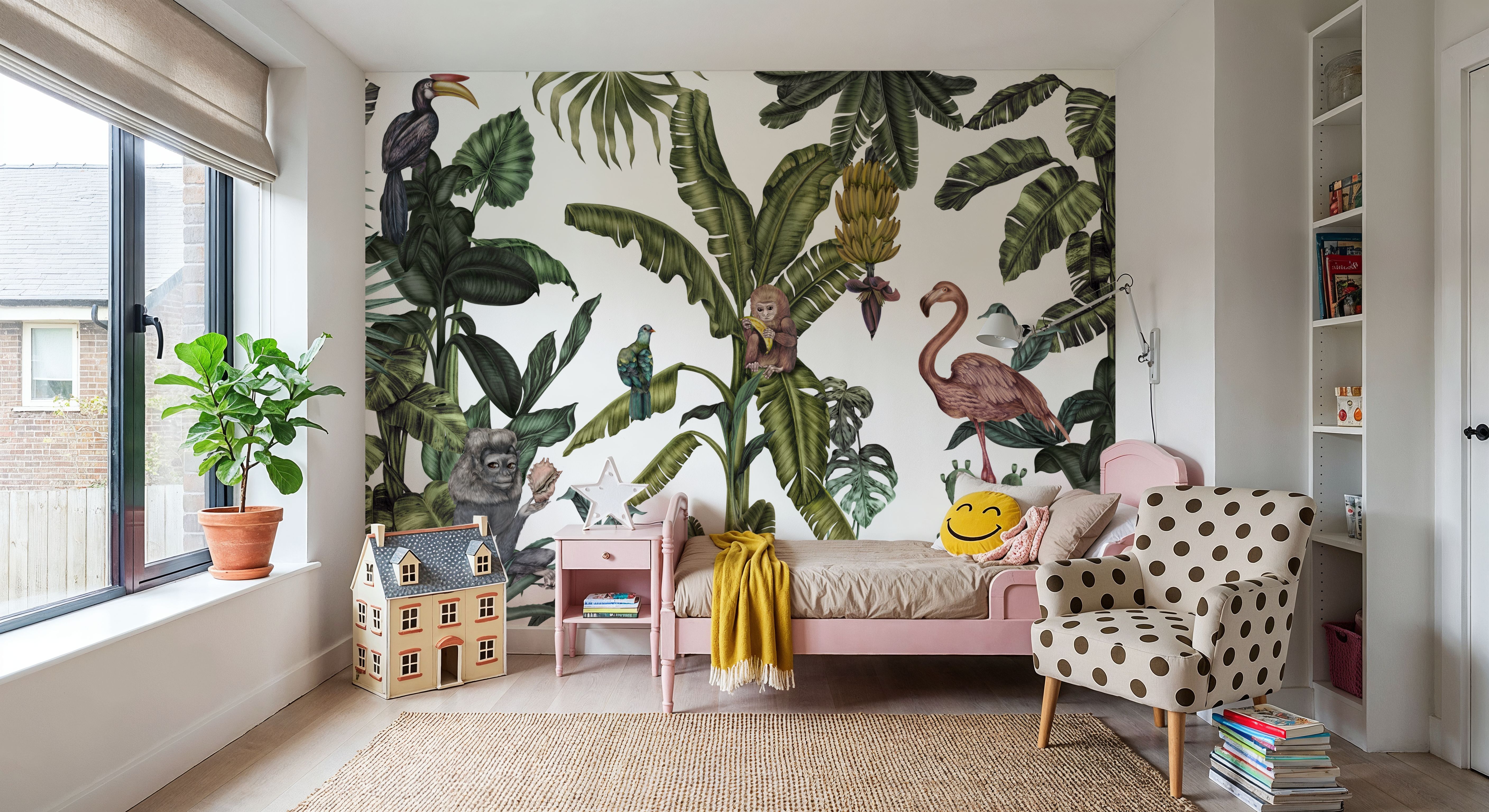 Monkeys With Birds, White, Wallpaper