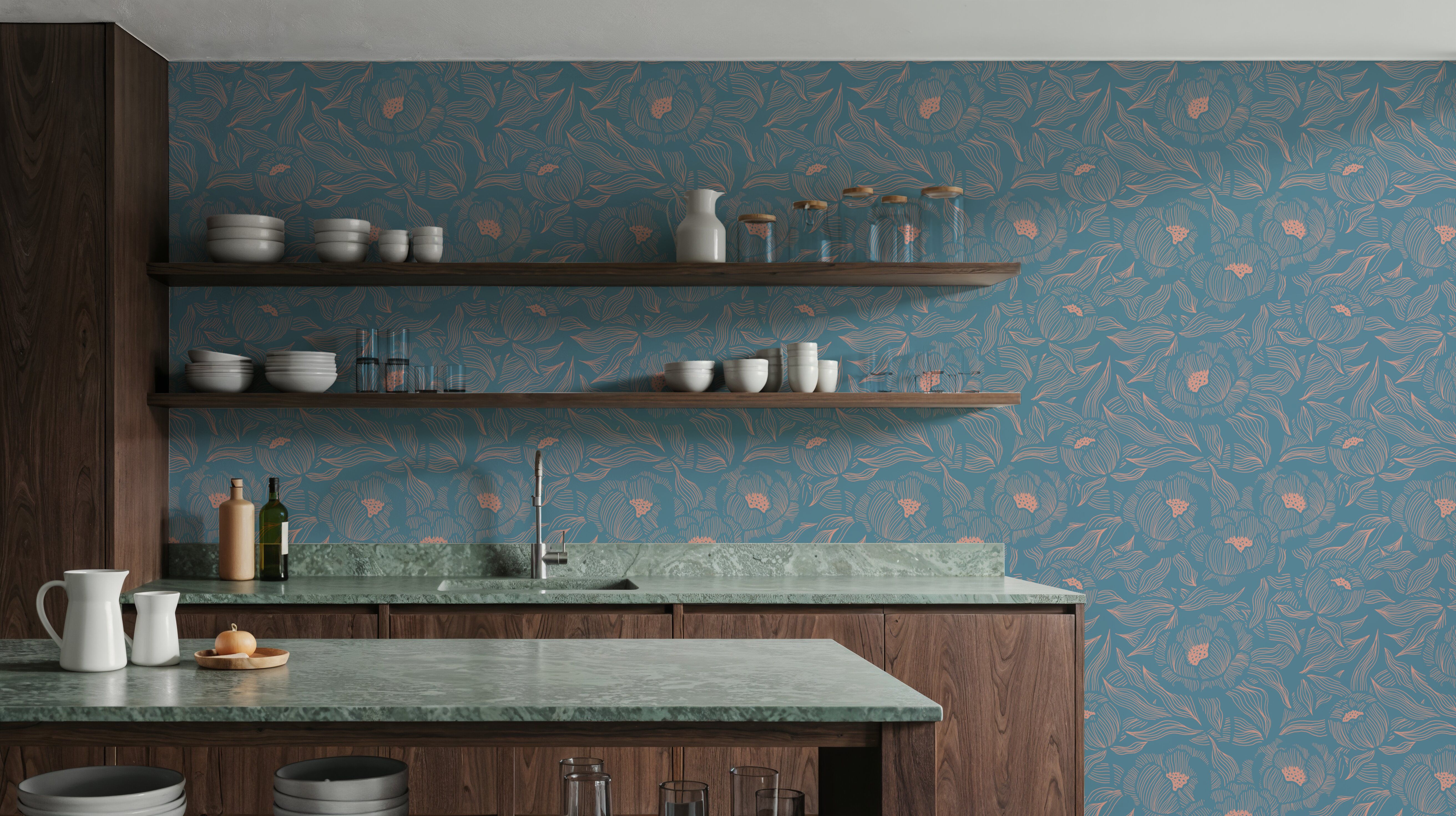 Hidden Peonies, Dusty Peach on Teal