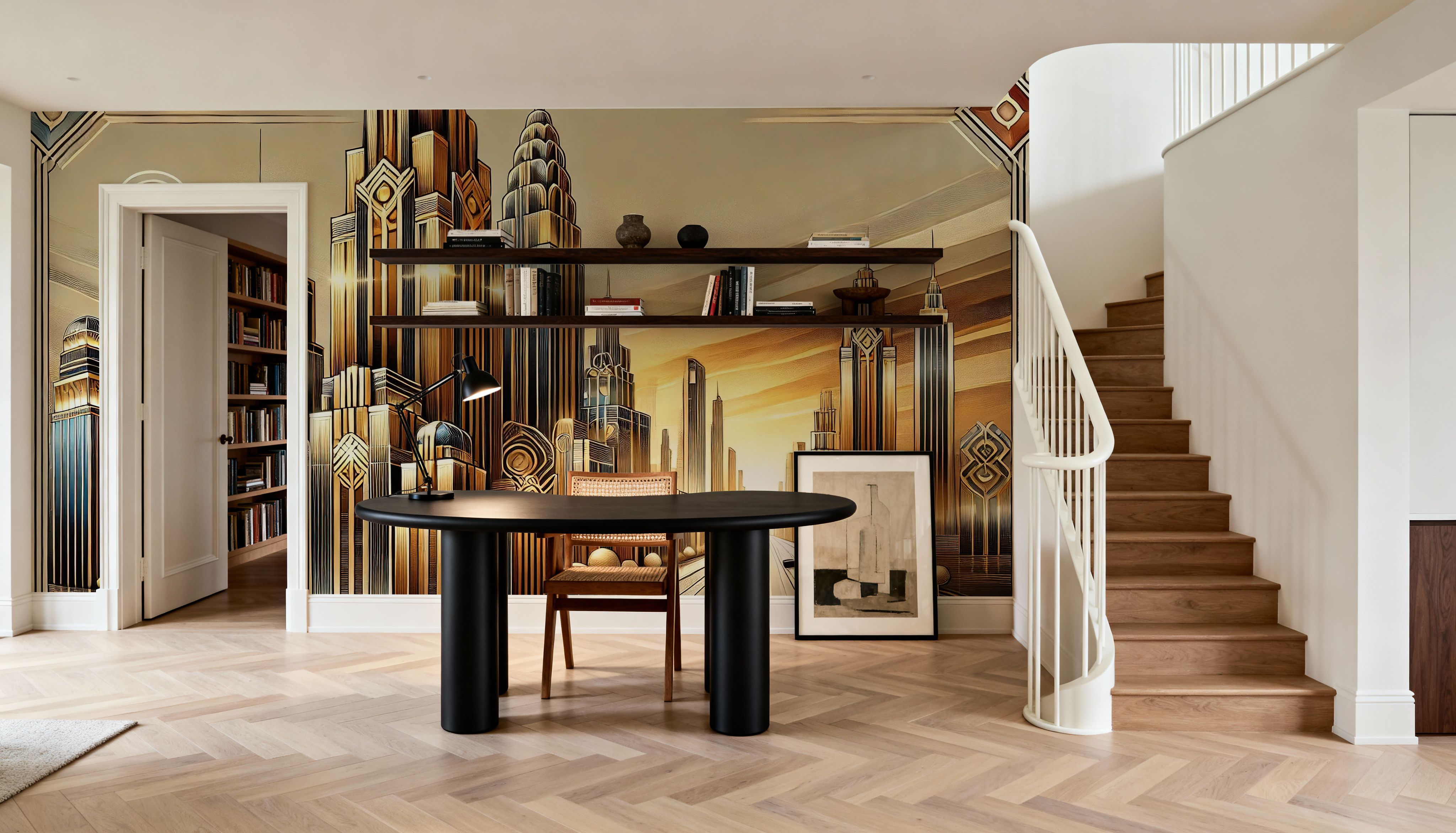 Golden City Skyline at Sunset in Art Deco