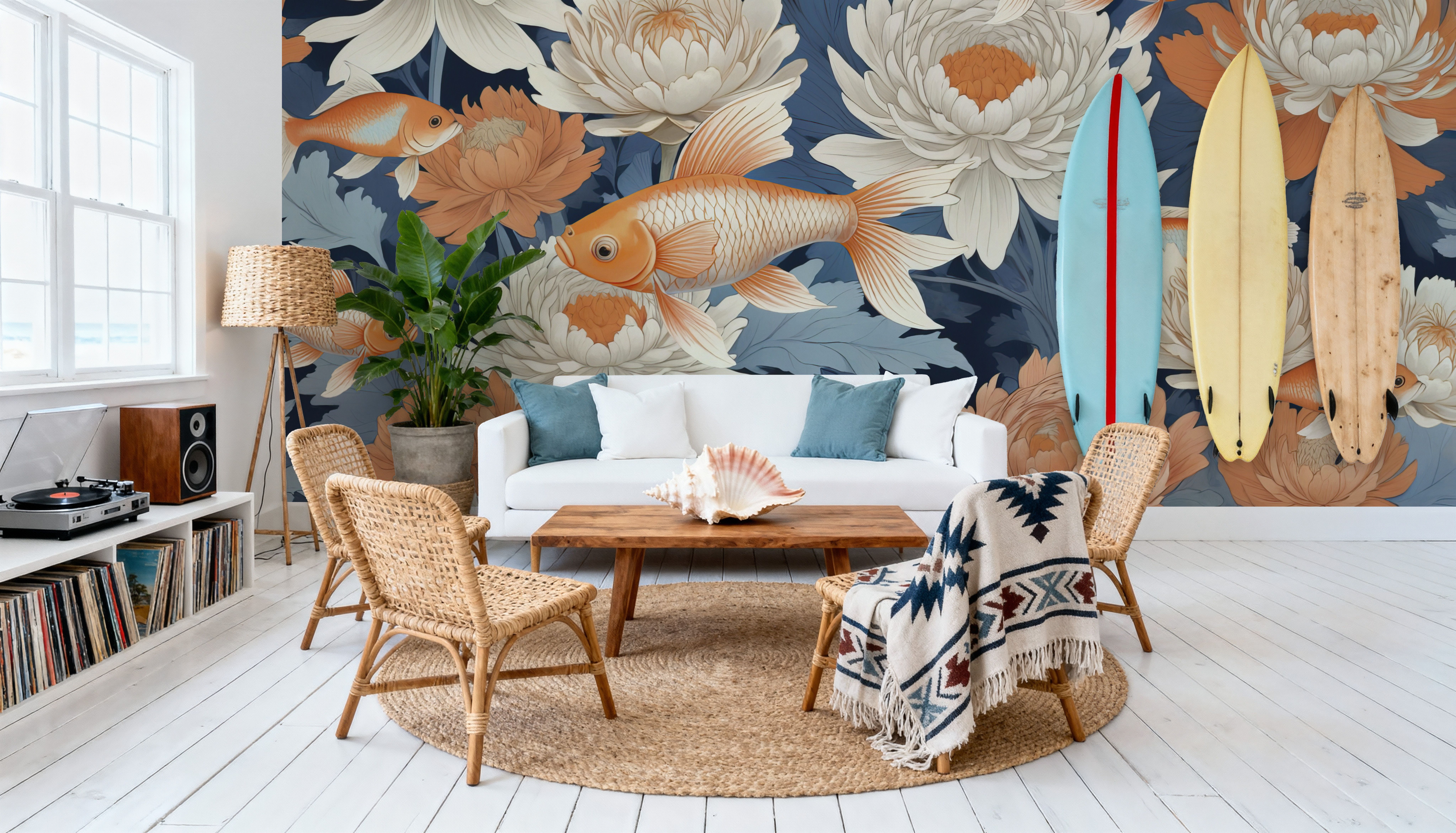 Dancing Fish, Orange on Blue