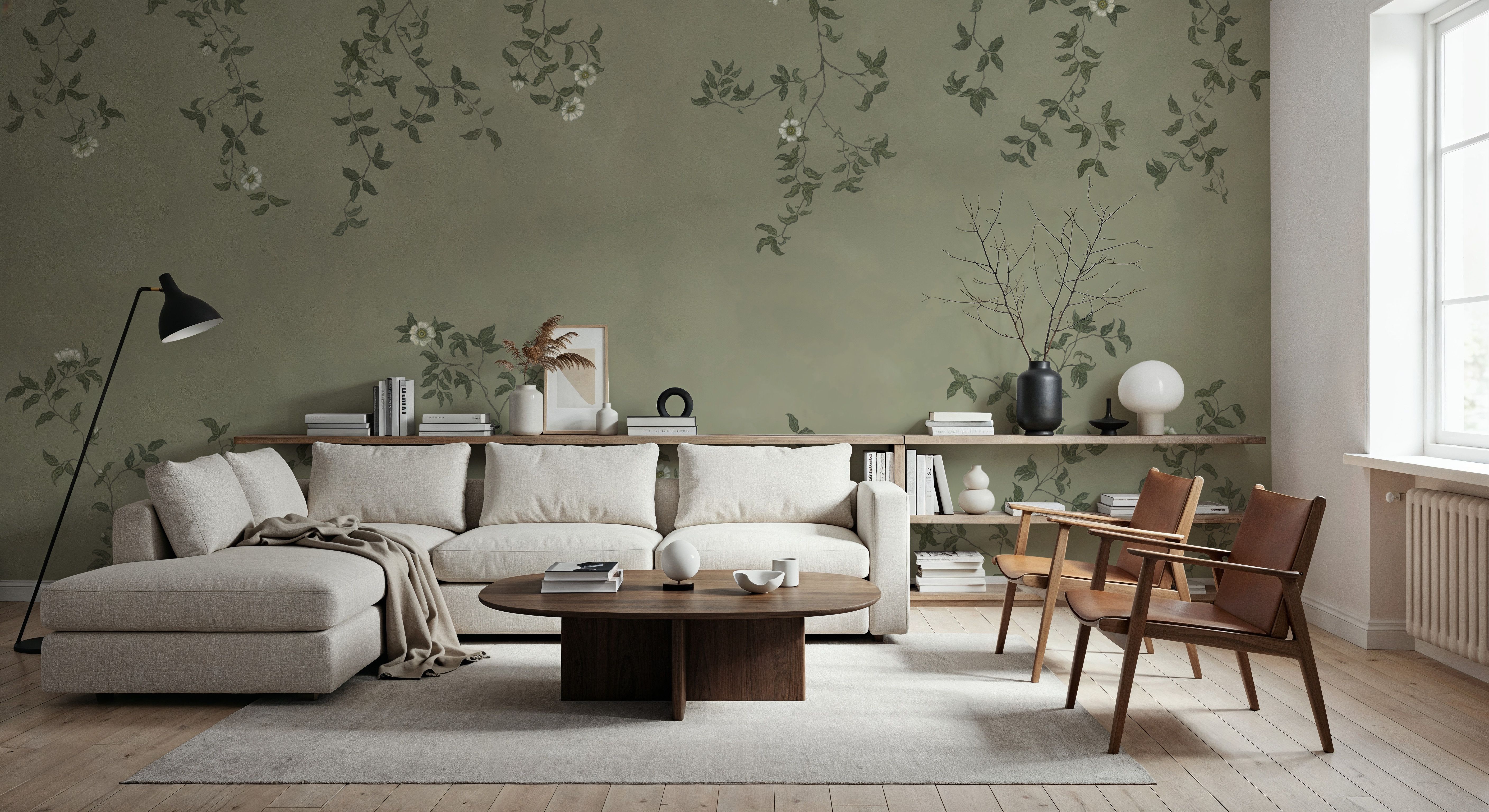 Rambling Rose, Ivory on Jade, Wallpaper