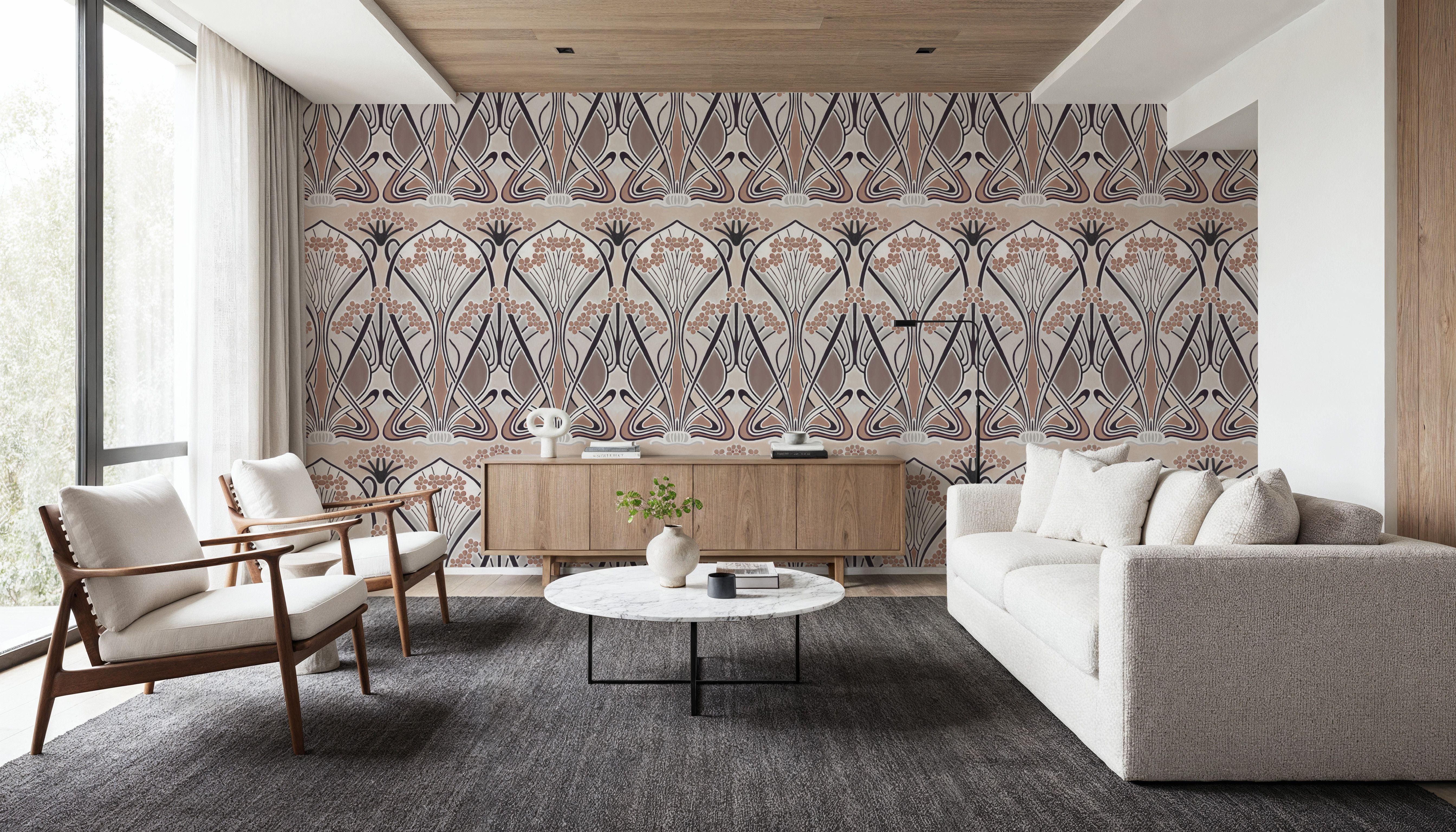 Floral Art Deco Aura, Walnut Dust, Carte da parati