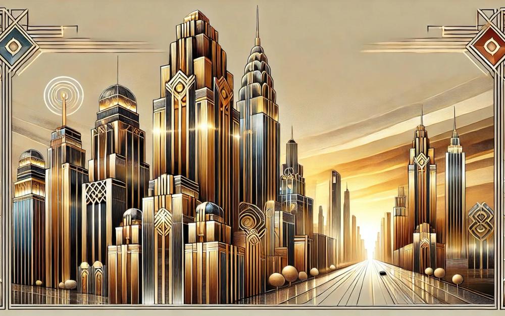 Golden City Skyline at Sunset in Art Deco