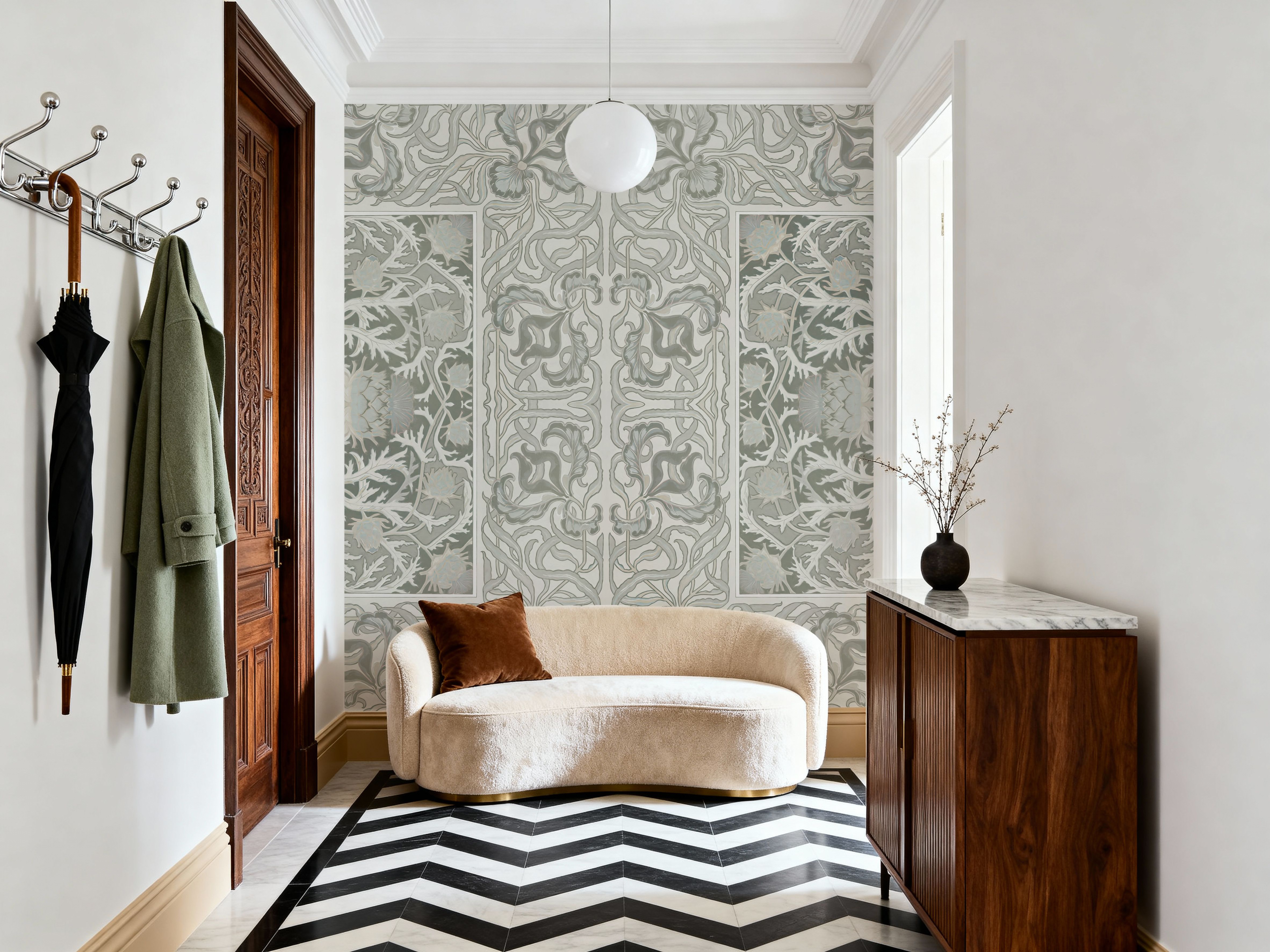 Iris & Thistle Ornament, Sage, Carte da parati