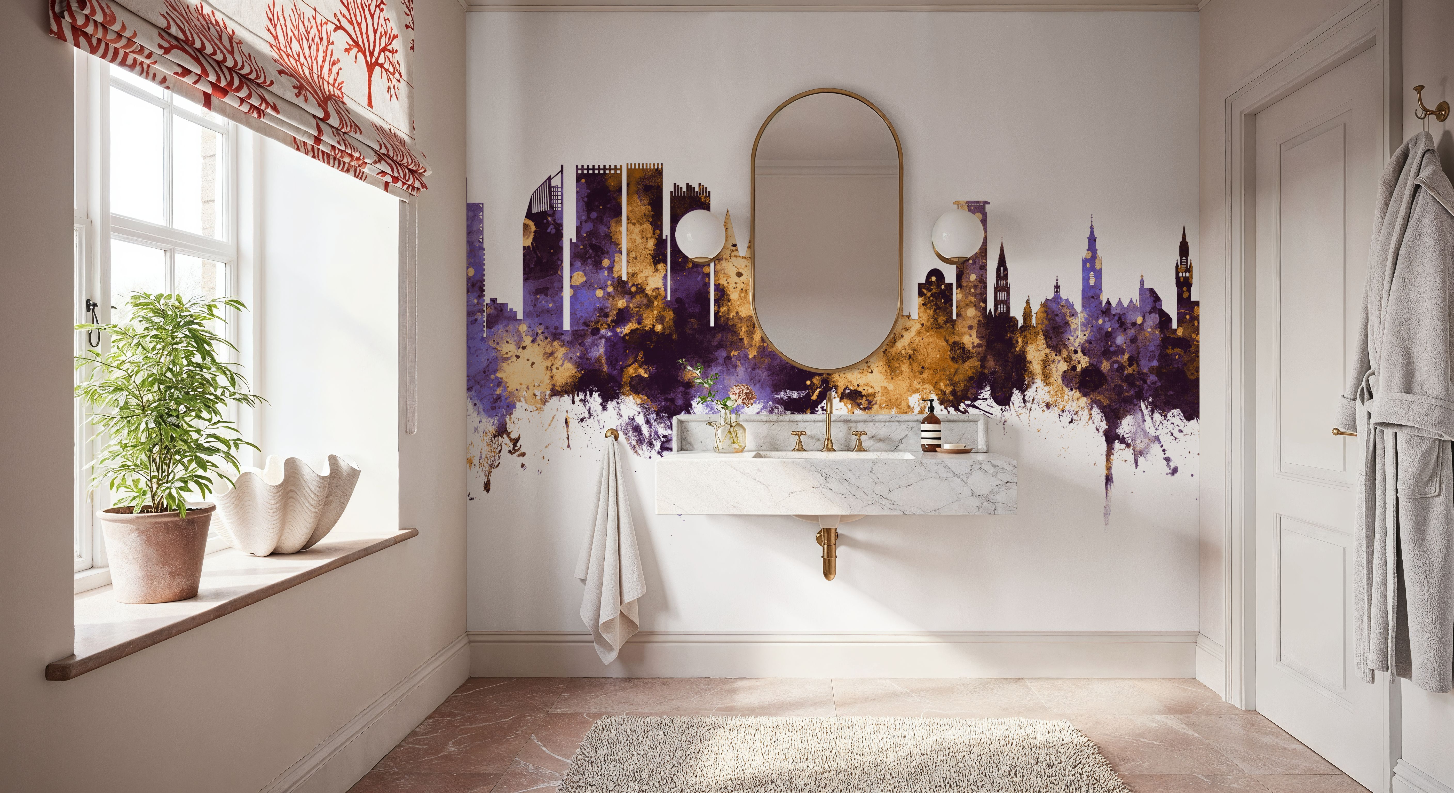 The Hauge Netherlands Skyline Purple & Gold, Wallpaper