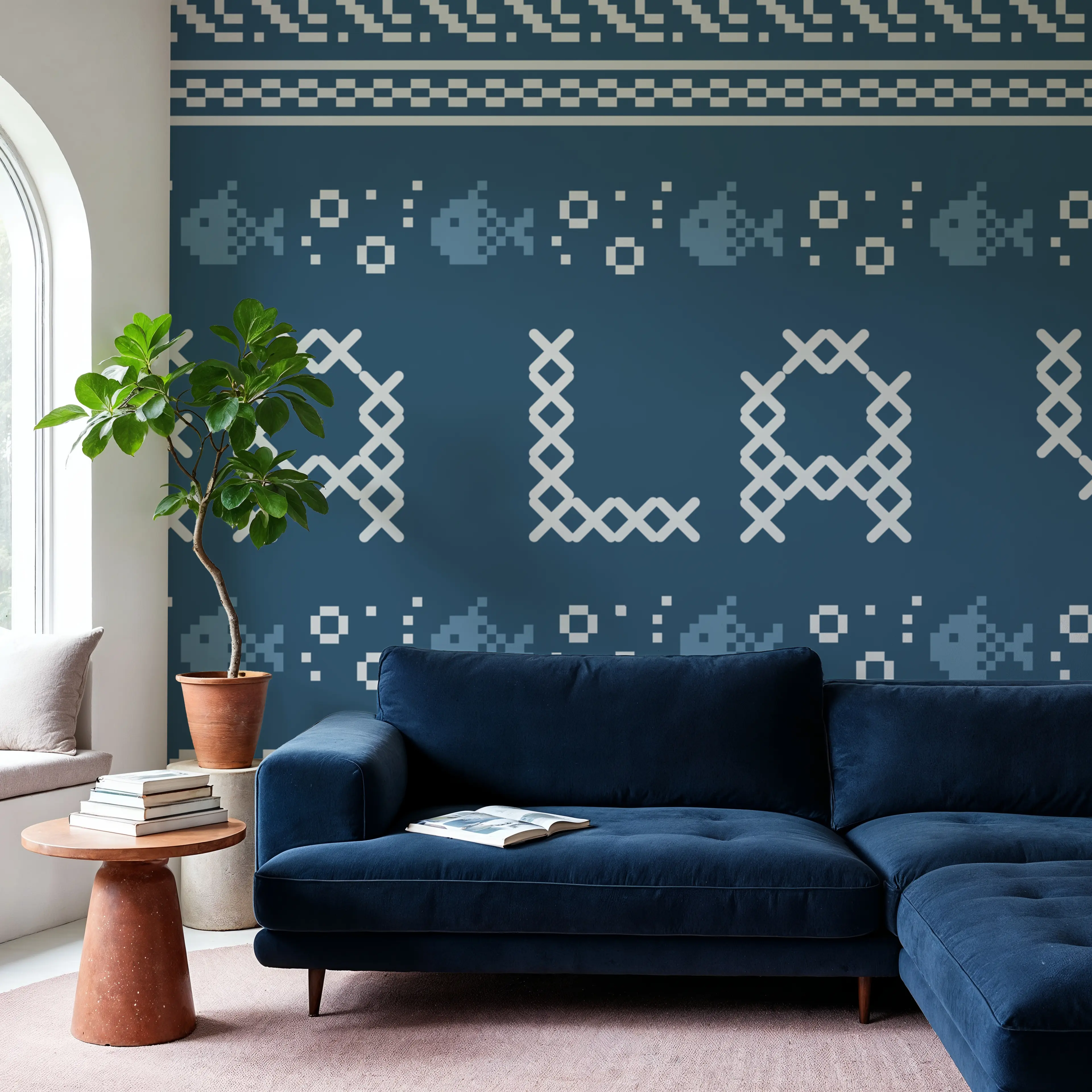 Papier Peint Panoramique - Coastal Cross Stitch II - Graphiques Mer - Bleu - Couloir et escaliers - Wallism Belgique - Encollage au mur ou Autocollant