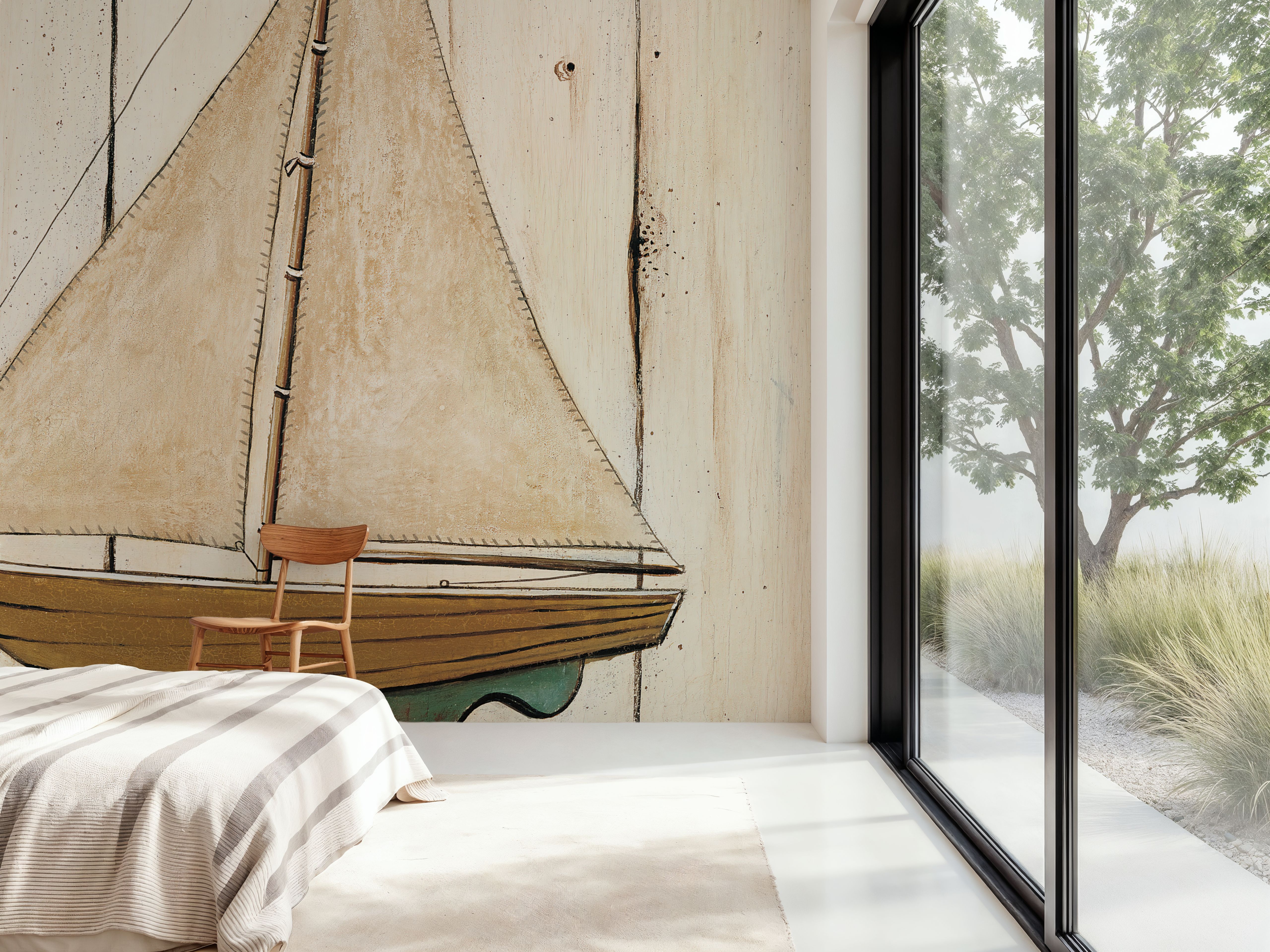 Wall Mural - Pond Yacht I - Maritime Vehicles mural wallpaper - Brown - Bedroom - Wallism US - Premium, Textured or Peel & Stick