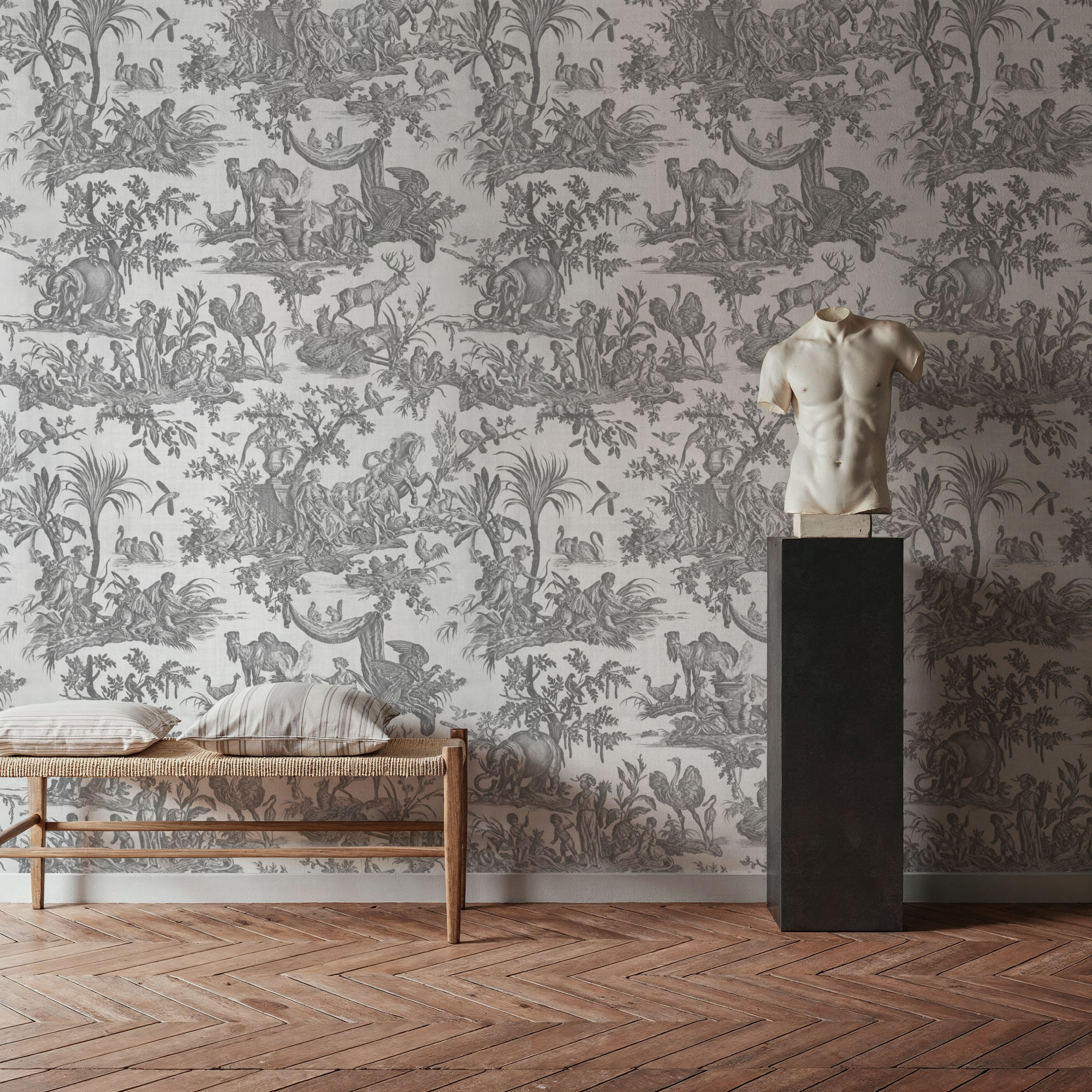 Patinated Linen Toile de Jouy, Stone, Papier peint