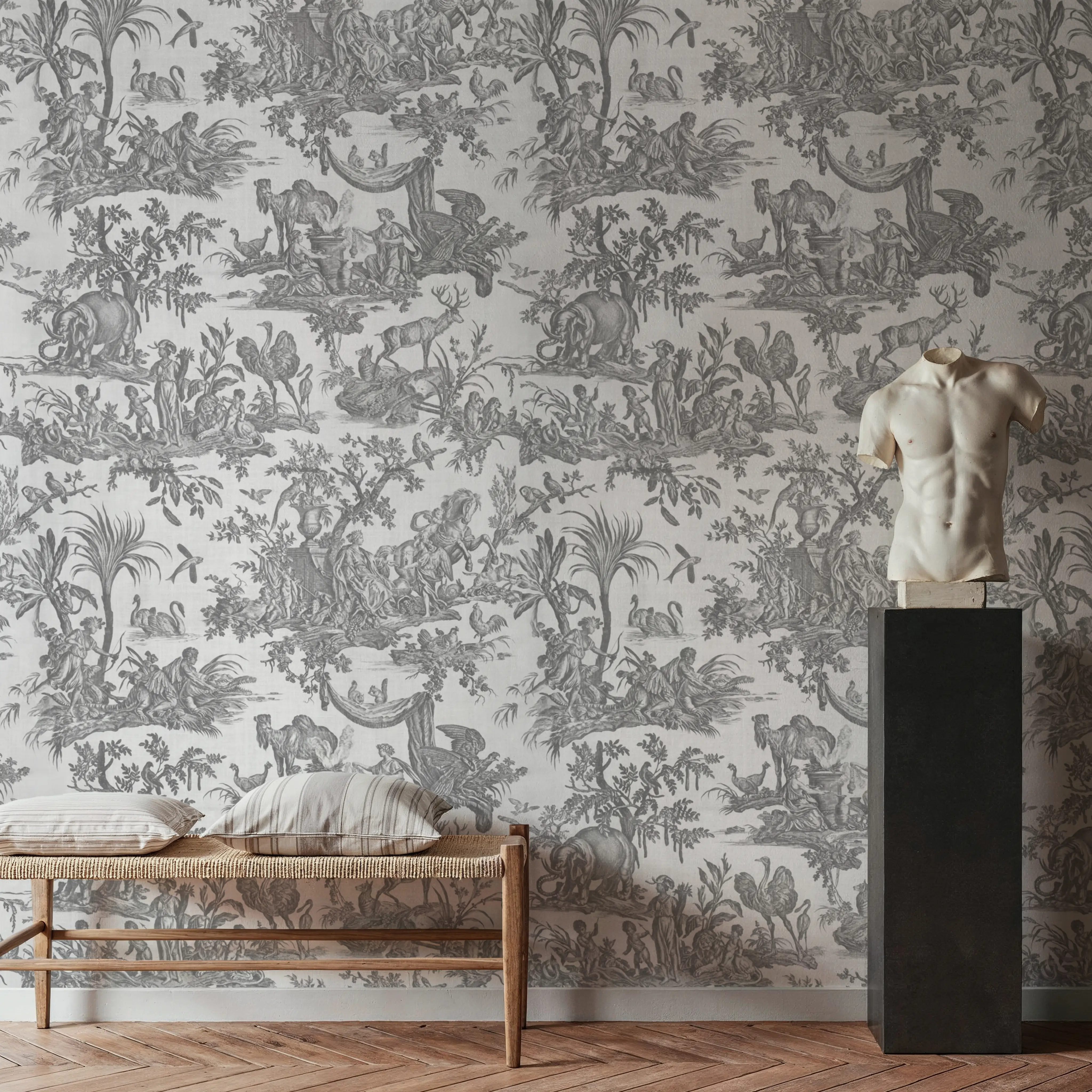 Behang - Patinated Linen Toile de Jouy, Stone - Toile de Jouy Dieren - Grijs - Slaapkamers - Wallism België - Zelfklevend of Vliesbehang