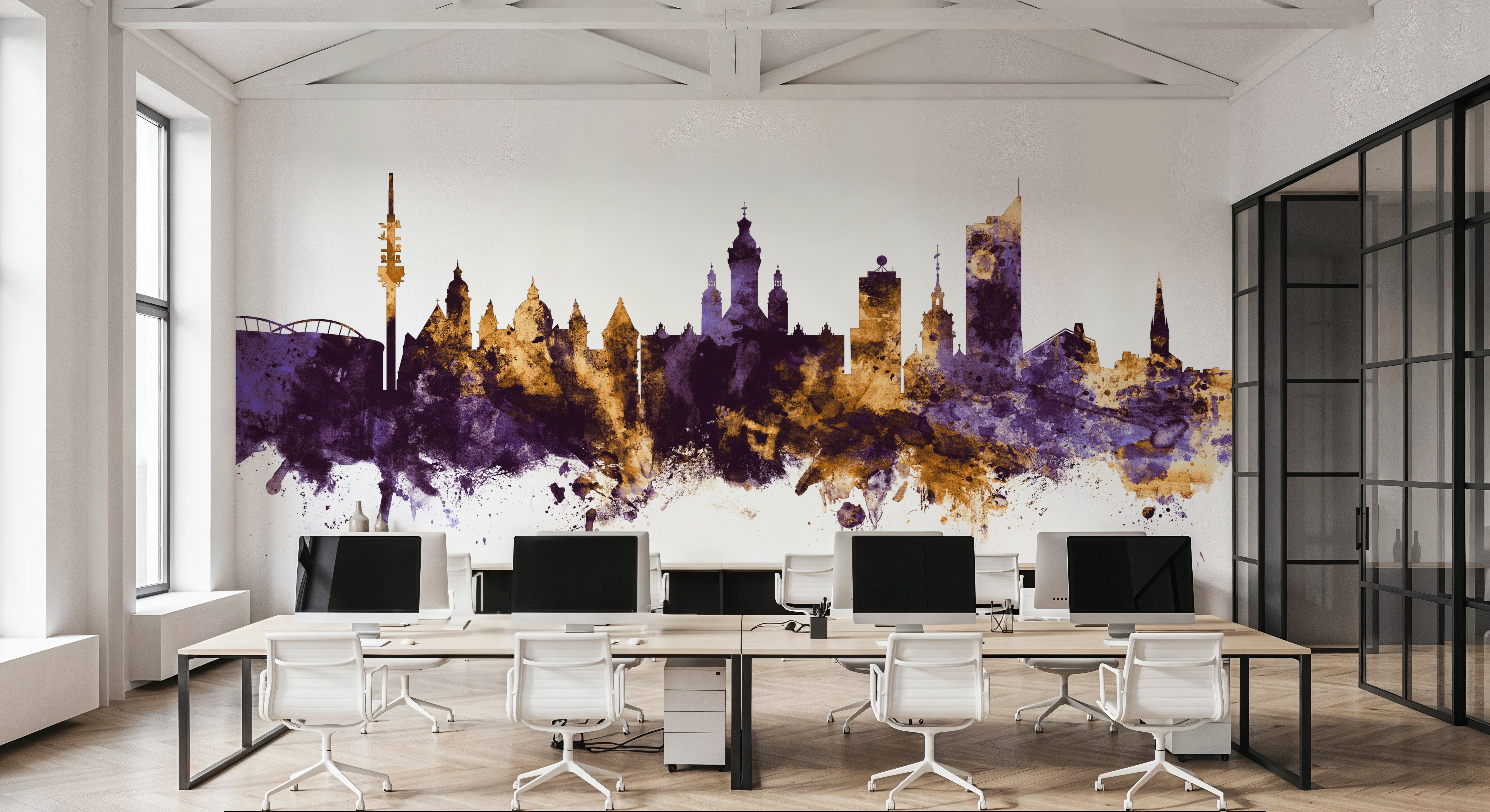 Leipzig Germany Skyline Purple & Gold, Tapeten