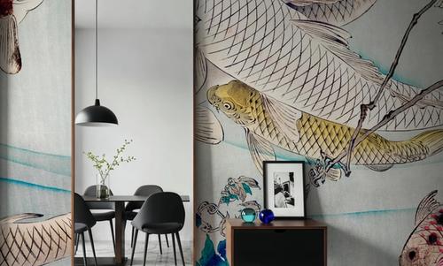 Six Carp Swimming Beneath Wisteria