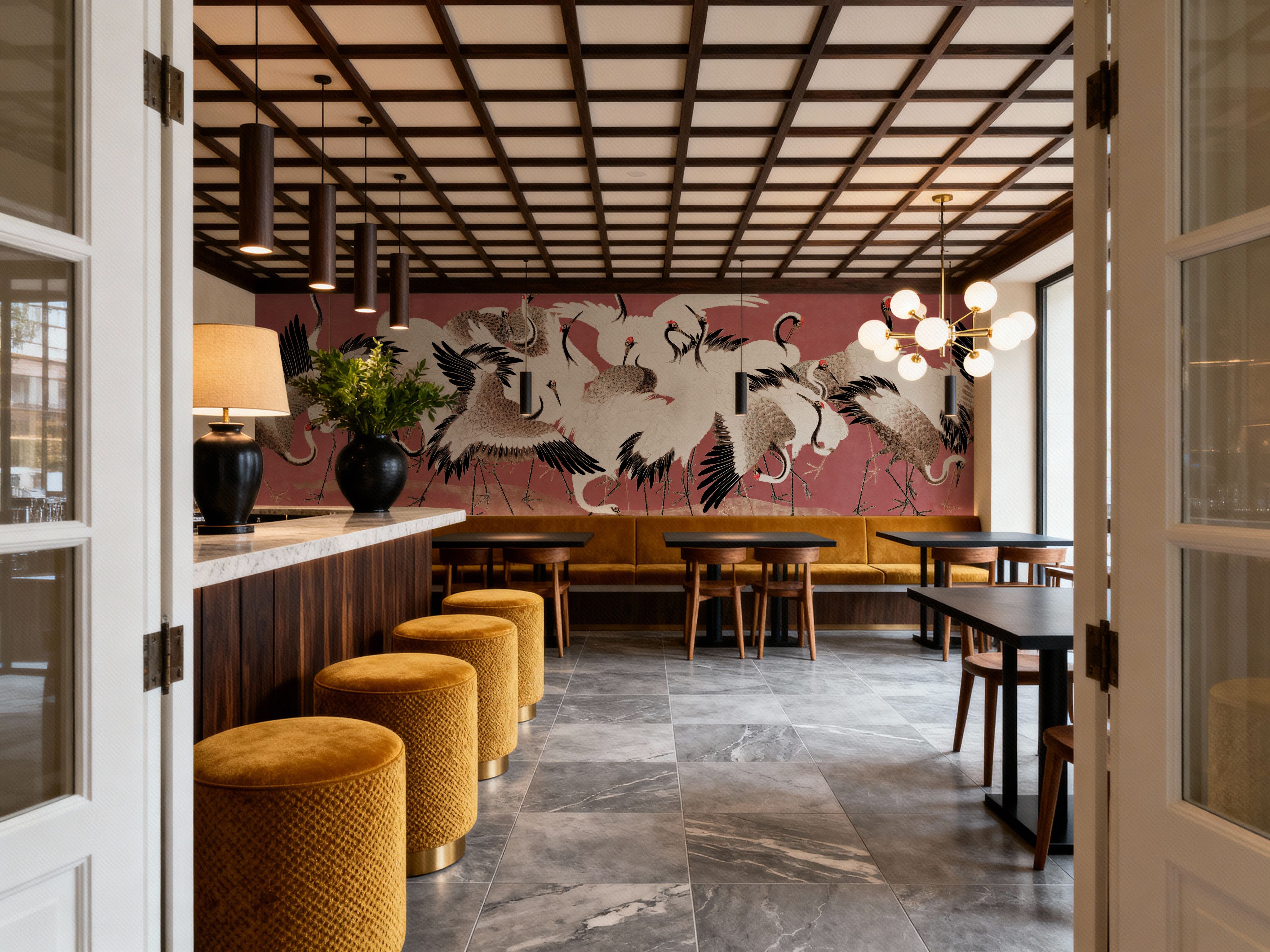 Japanese Flock of Cranes, Coral Blush, Carte da parati