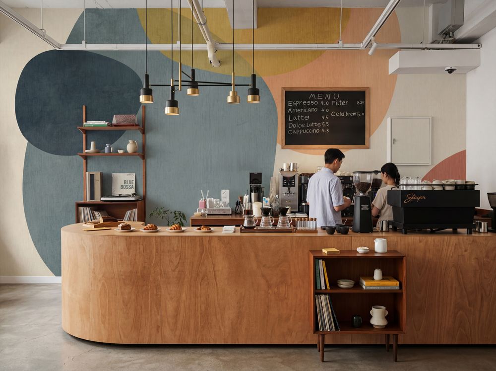 an interior photo of a minimalistic cafe with abstract wall mural on the wall behind the counter