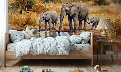 Elephants by the Water Hole - Watercolor Landscapes Series