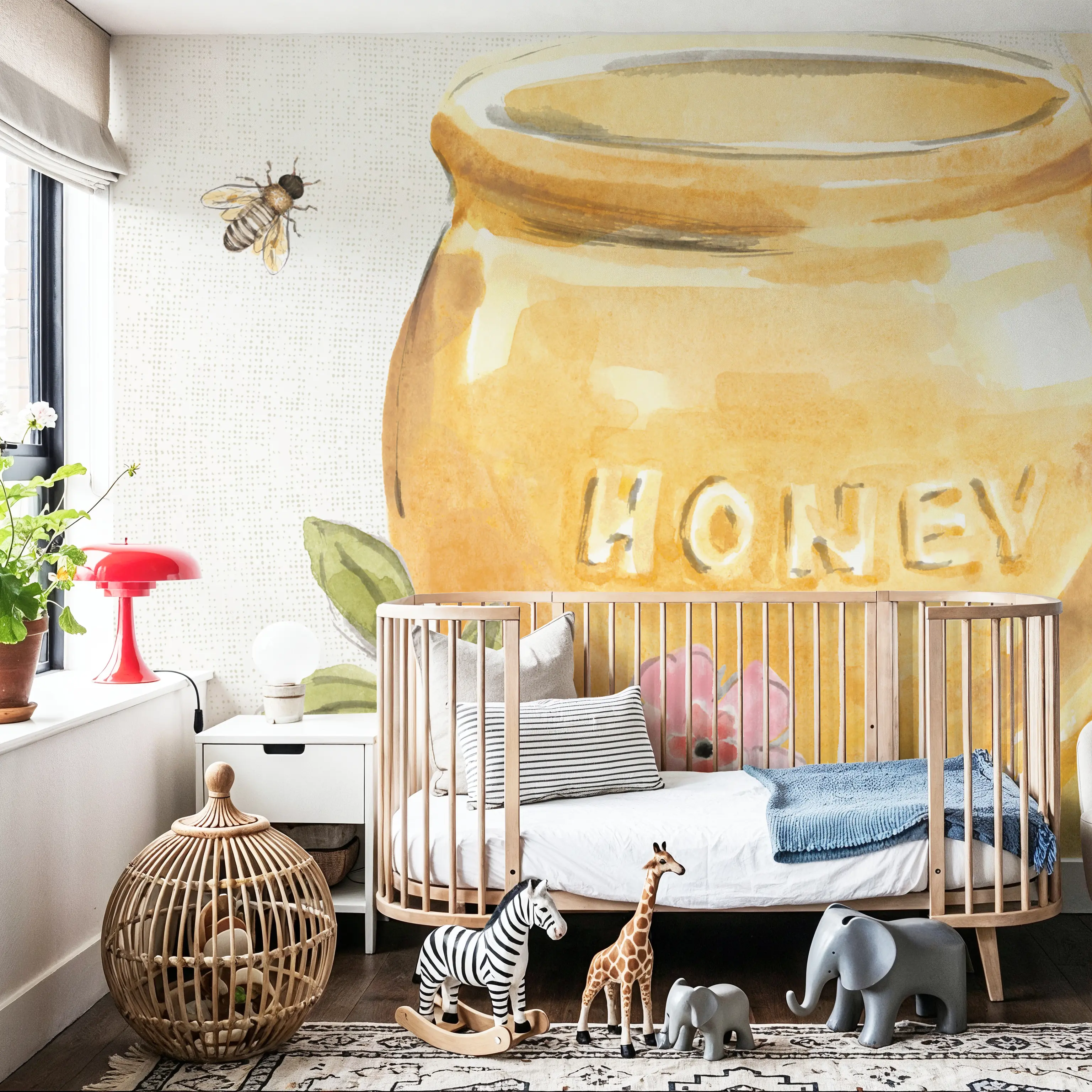 Fotobehang - Sweet Honey II - Bloemen Insecten Mural - Oranje - Kinderkamer - Wallism Nederland - Zelfklevend of Vliesbehang