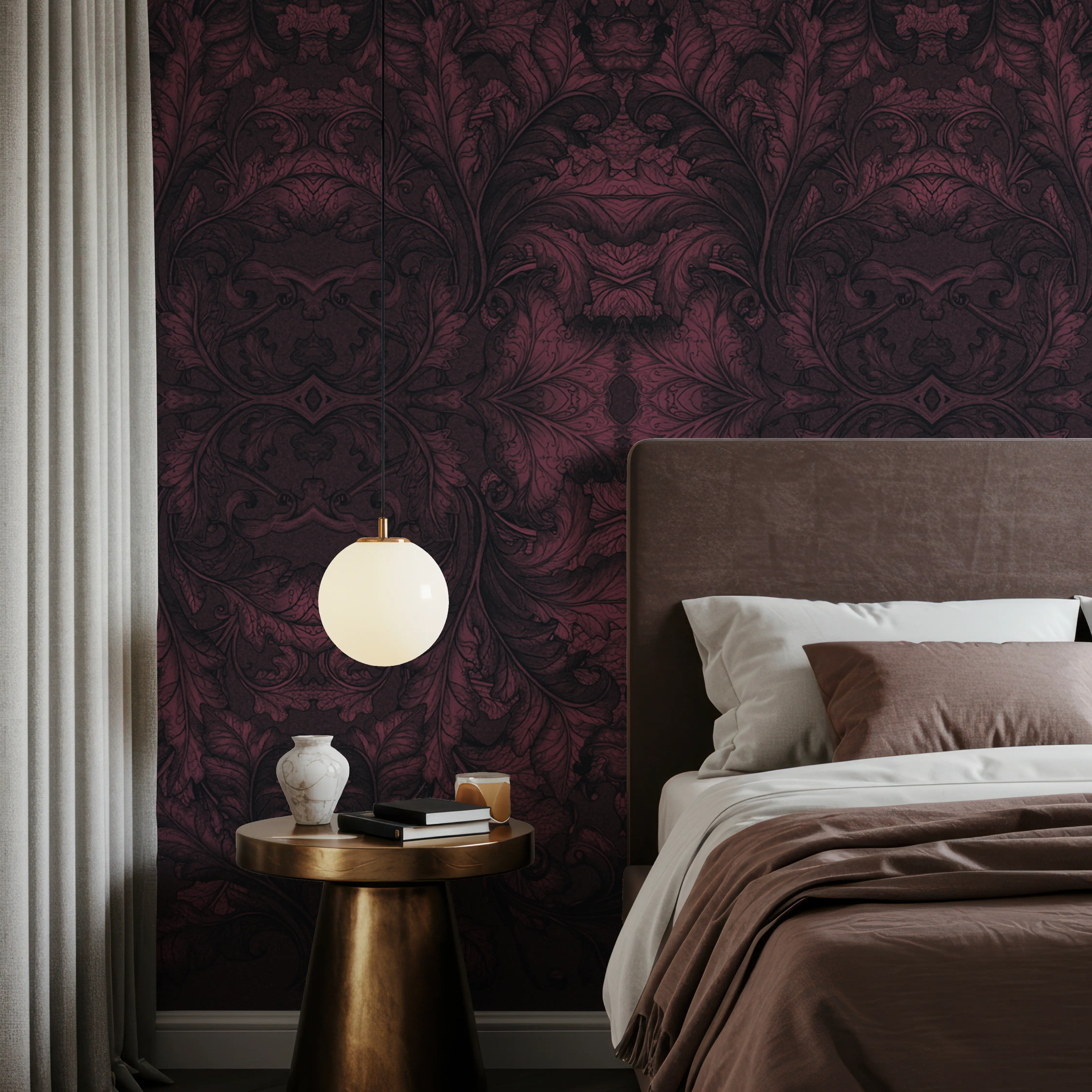 Fotobehang - Royal Hall Ruby - Damast Folk Mural - Rood - Gangtrappen - Wallism België - Zelfklevend of Vliesbehang