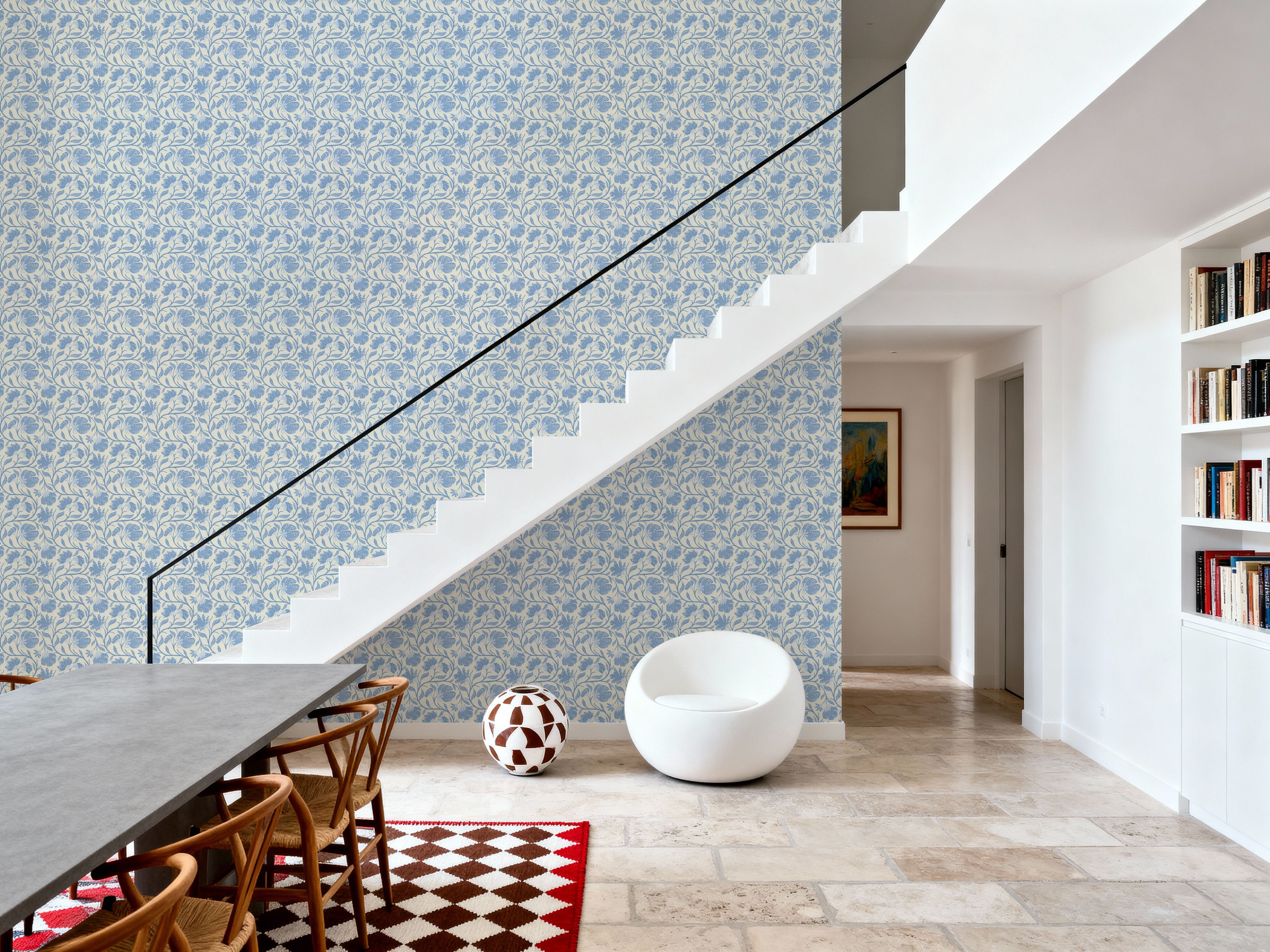 Indial Floral, Baby Blue on Cream, Papier peint