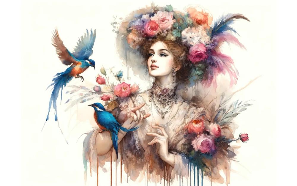 Enchanting Lady Amidst Blooms and Birds