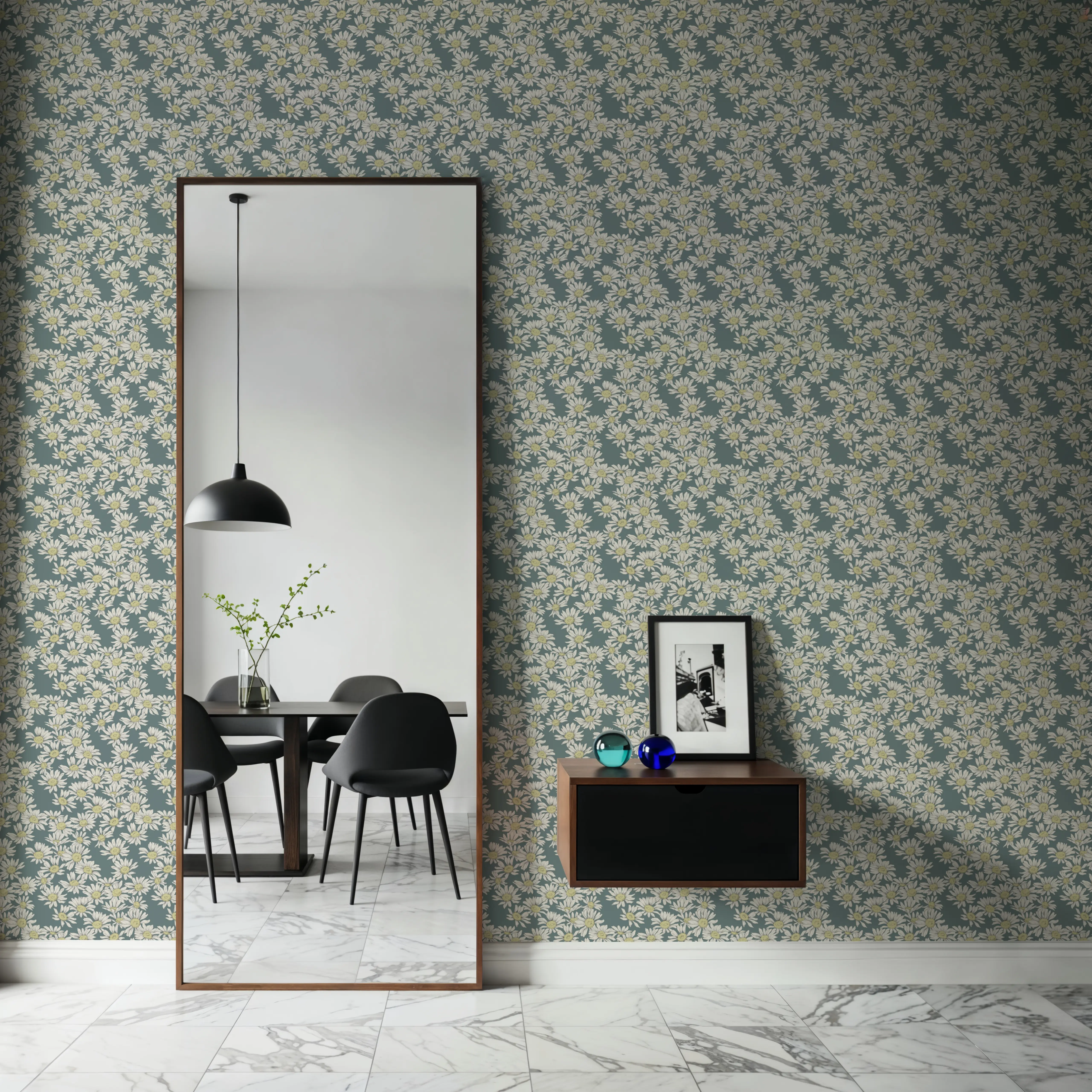 Wallpaper - Dazzling Daisies Pidgeon - Floral Nature - Green - Bedroom - Wallism UK - Peel & Stick or Paste-the-Wall